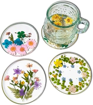 4 Pcs Round Cute Coasters with Pressed Flowers, Resin Material, Red, Pink, Multicolored