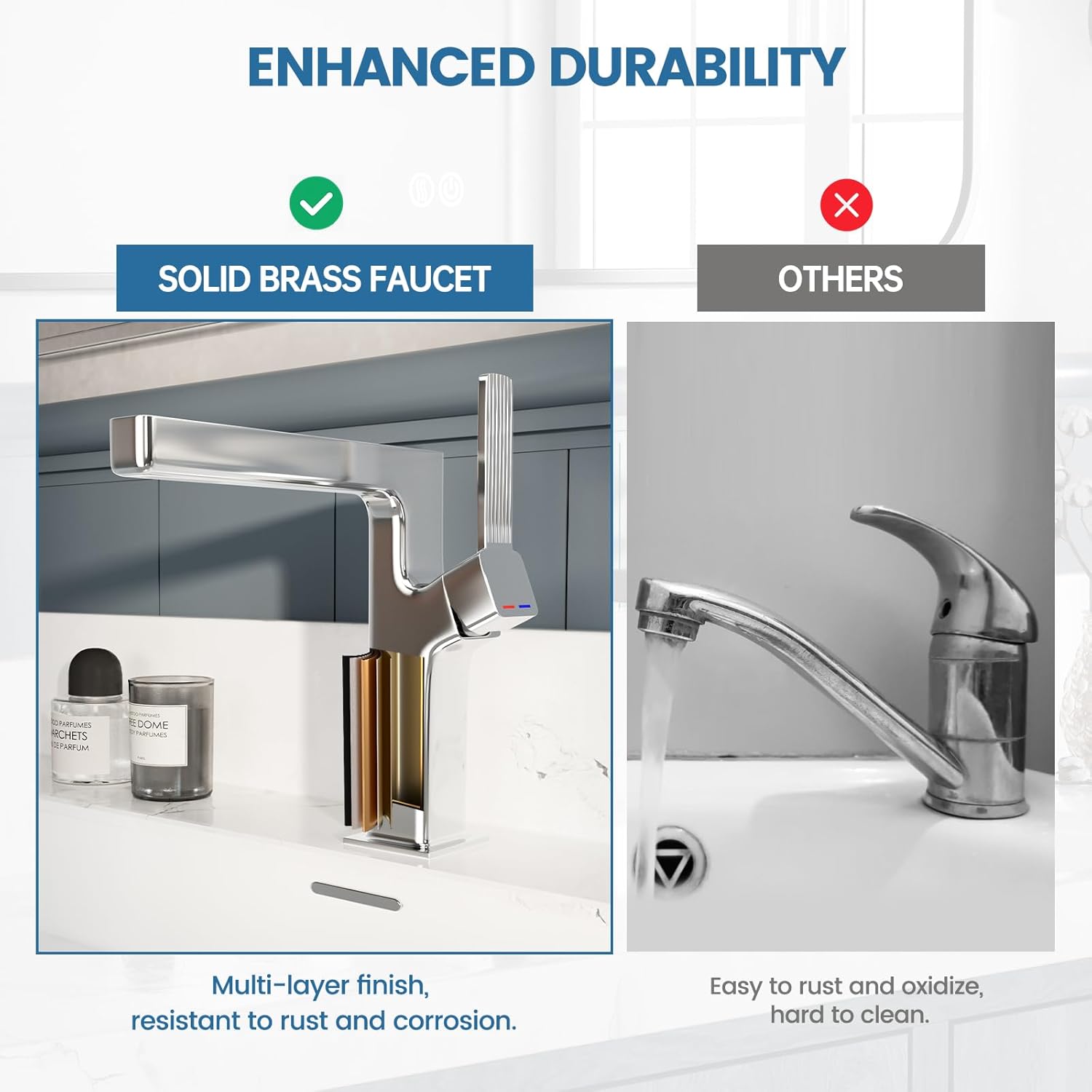 Chrome Bathroom Sink Waterfall Faucet, Solid Brass Single Handle Mixer Tap, Lavatory Vanity Sink Faucet with 2 Supply Lines for Restroom Guestroom RV Sink Vanity