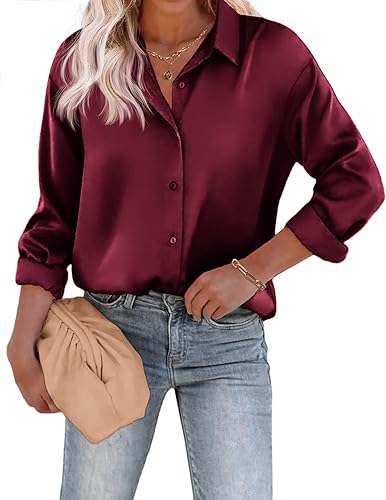 Women's Blouse Satin Silk Shirts Button Down Shirts Casual Loose