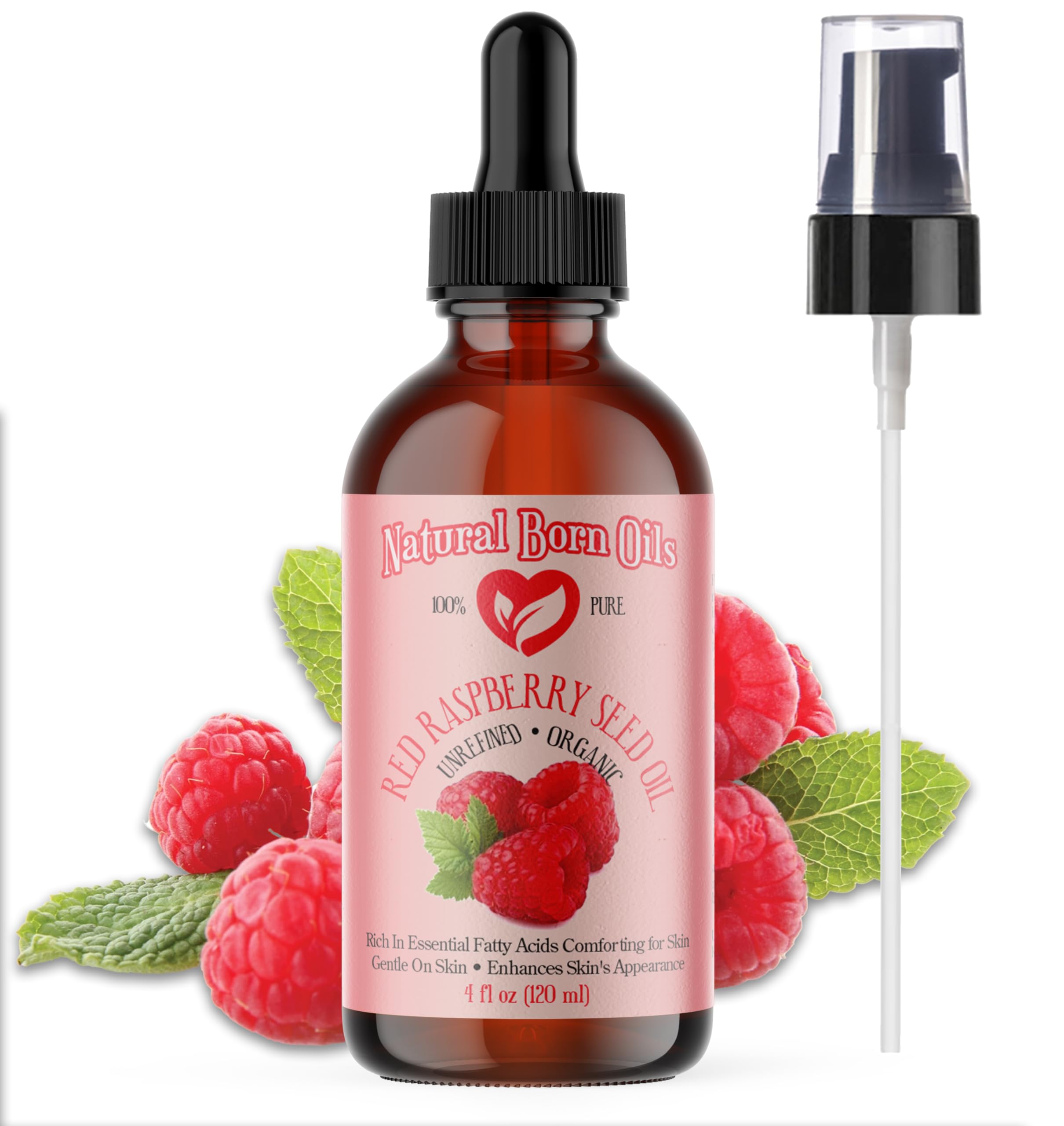 Natural Born Oils Red Raspberry Seed Oil, 4oz, Organic, Cold-Pressed Carrier Oil, Rich in Antioxidants, Ideal for Skin Hydration & Hair Nourishment