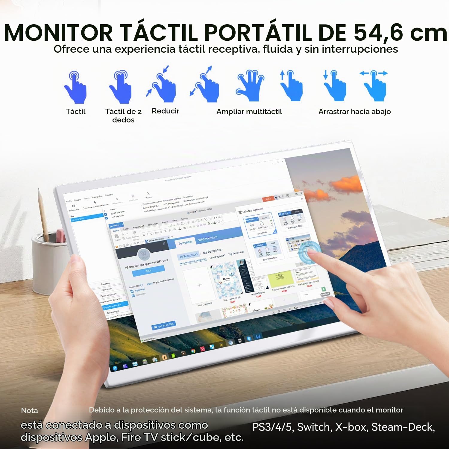 Monitor Táctil, 21.5 Pulgadas Pantalla Portátil 1080p con Soporte VESA