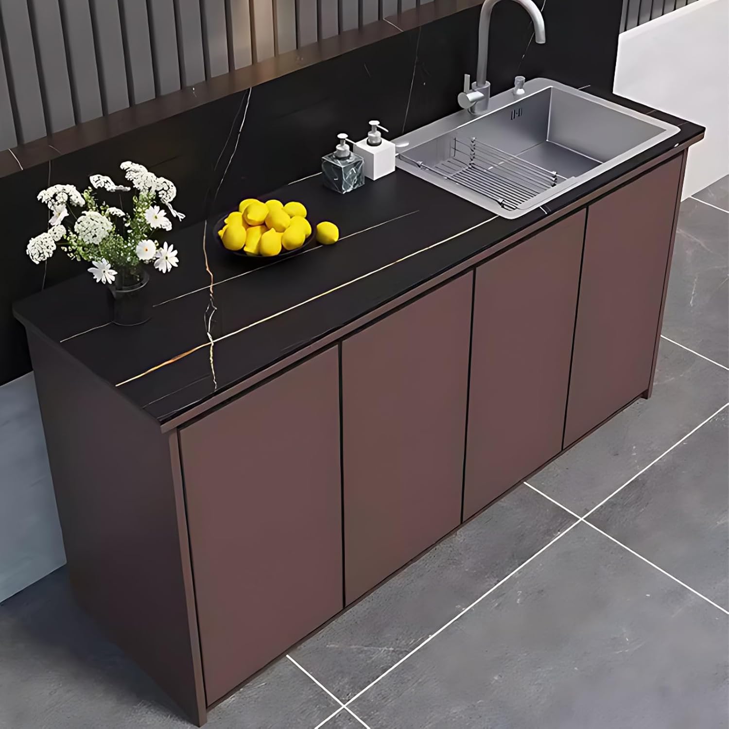 Outdoor Kitchen Cabinet with Brown Thick Aluminum Panel,Includes Black Textured Rock Board Tabletop,Spacious Storage Cabinet,Stainless Steel Sink for Balcony and Garden(62.99IN)
