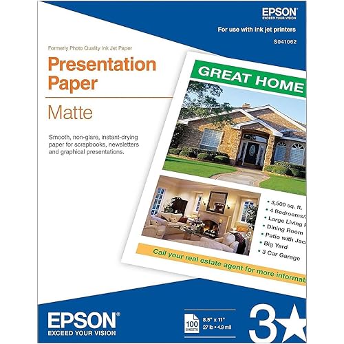 Epson Presentation Paper Matte, 8.5 x 11 Inch, 100 Count (S041062), White