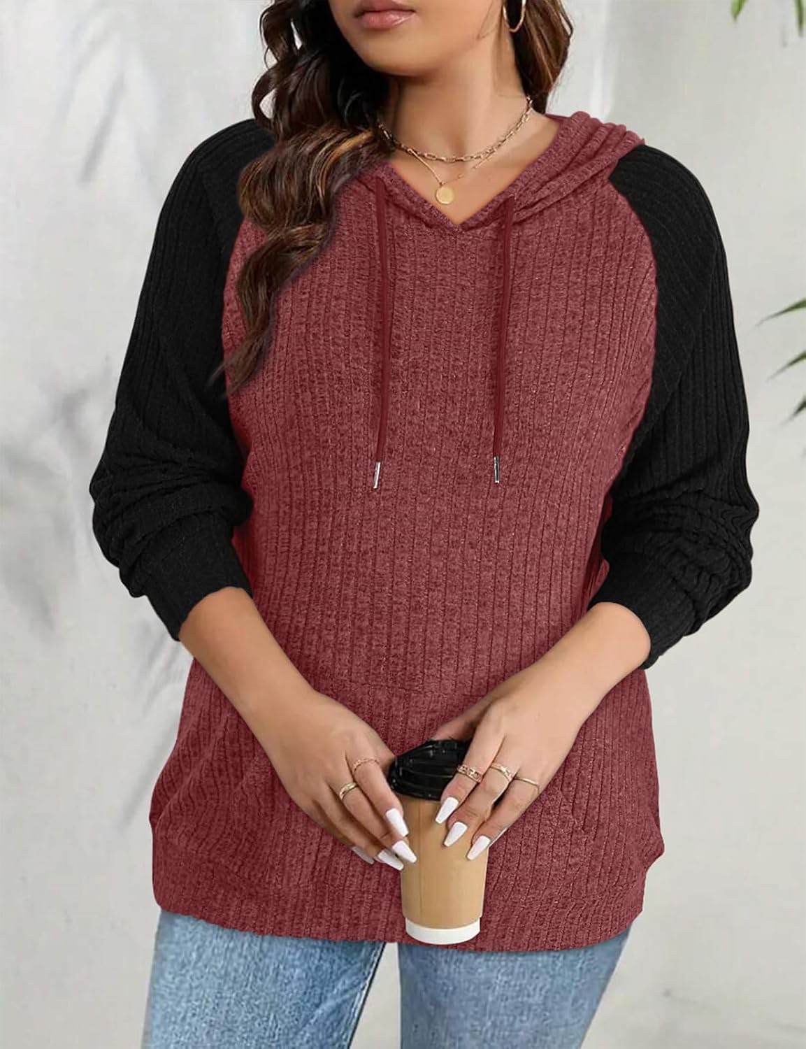 Koscacy Womens Plus Size Hoodie Sweaters Lightweight Color Block Raglan Sleeve Pullover Tops