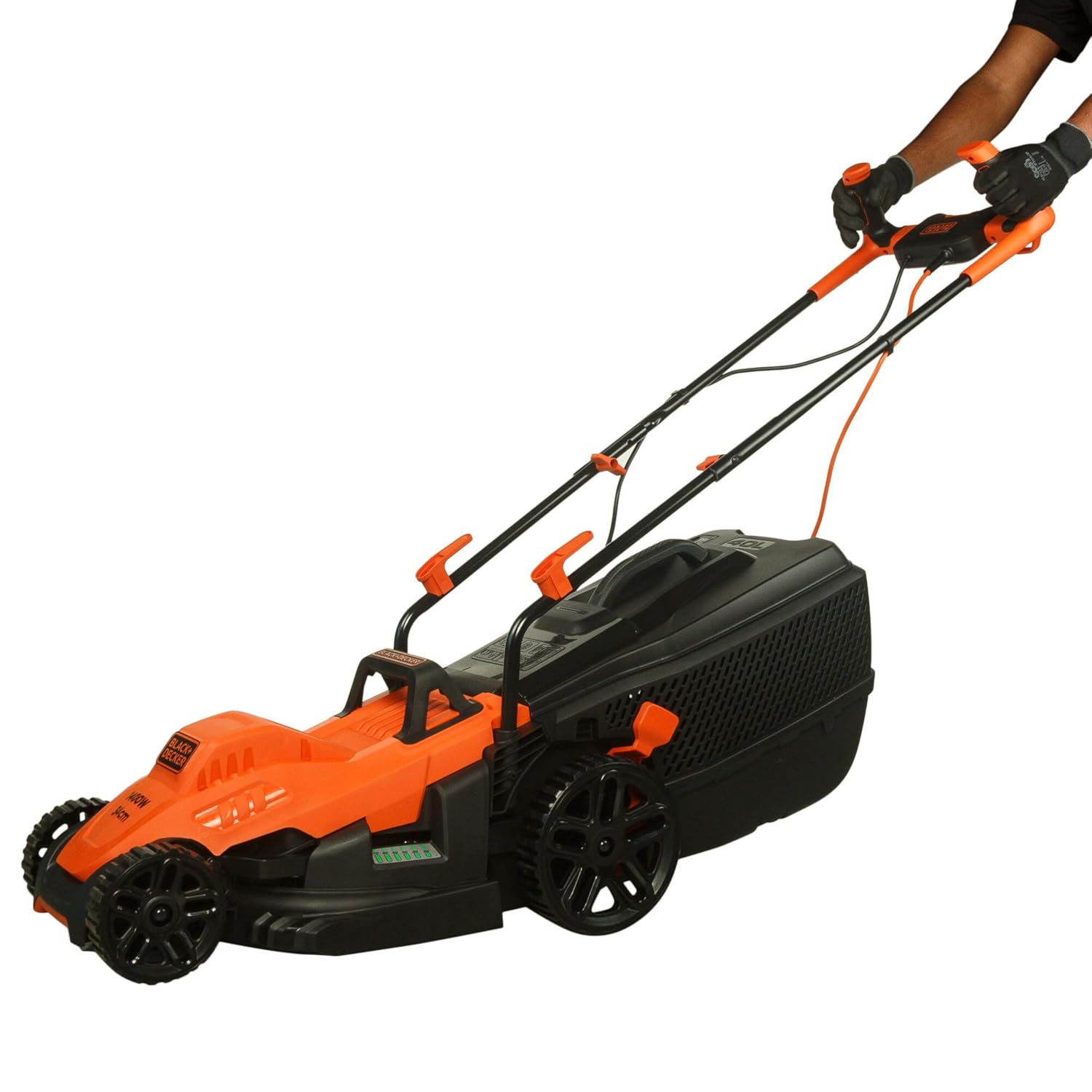 Person operating the BLACK+DECKER BEMW461BH-GB Electric Lawn Mower on a lawn