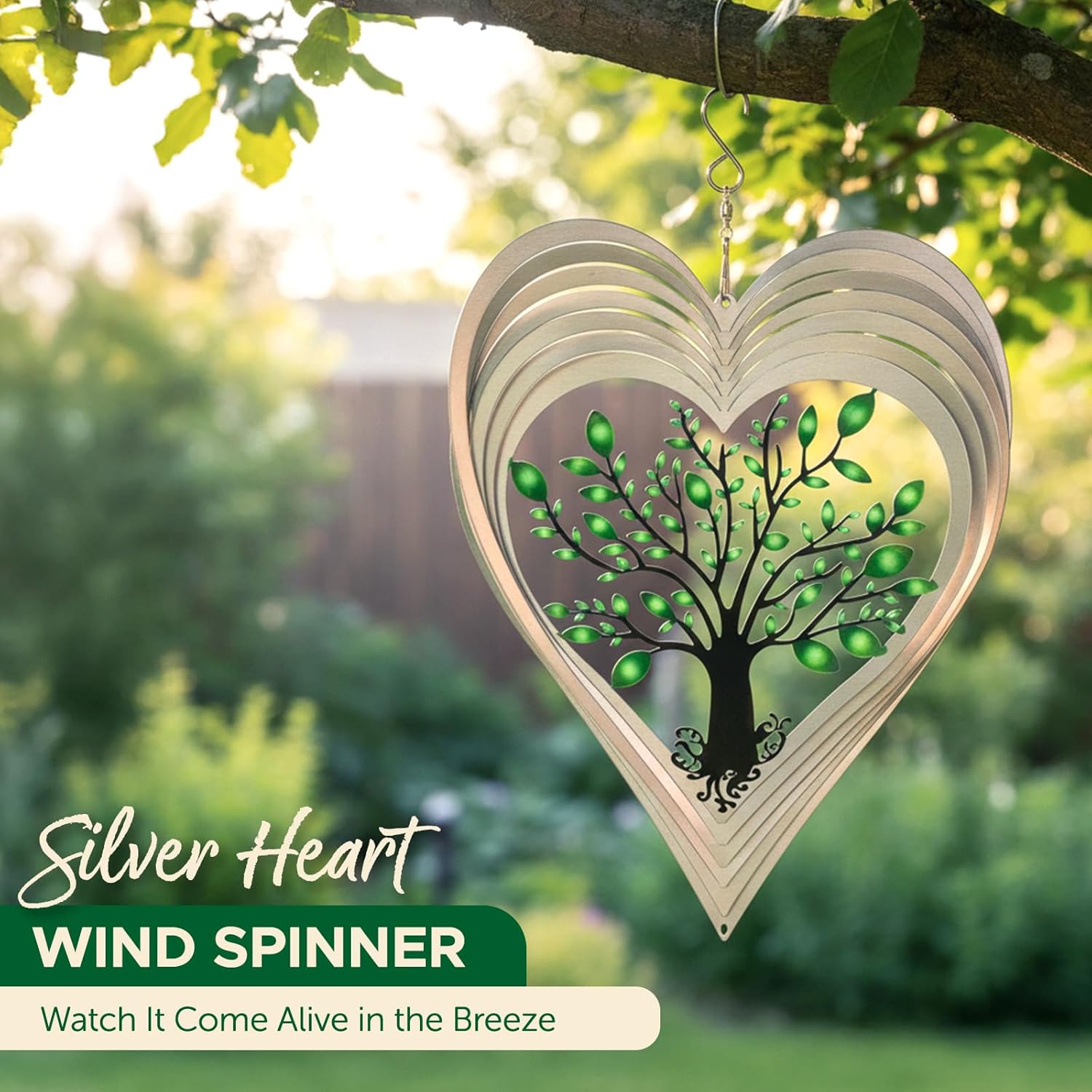 ISEO Silver Heart Wind Spinner for Yard and Garden, Hanging Outdoor Decor, Porch and Patio Decorations, Weather Resistant, 12”