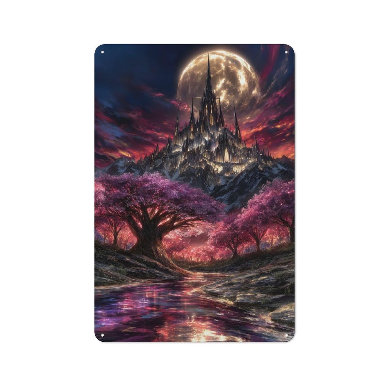Junmoney Fantasy Castle With Cherry Blossoms Vintage Tin Sign 30X20cm Featuring For Workshop Wall, Gift For Metal Sign Collectors During The Christmas Season