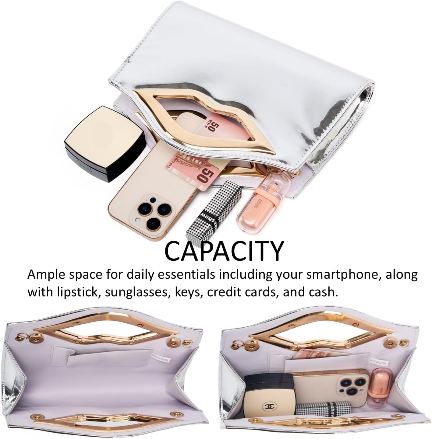 DETARA Patent Leather Evening Clutch Purse for Women Lip Metal Grip Handle Handbag for Cocktail Party Prom