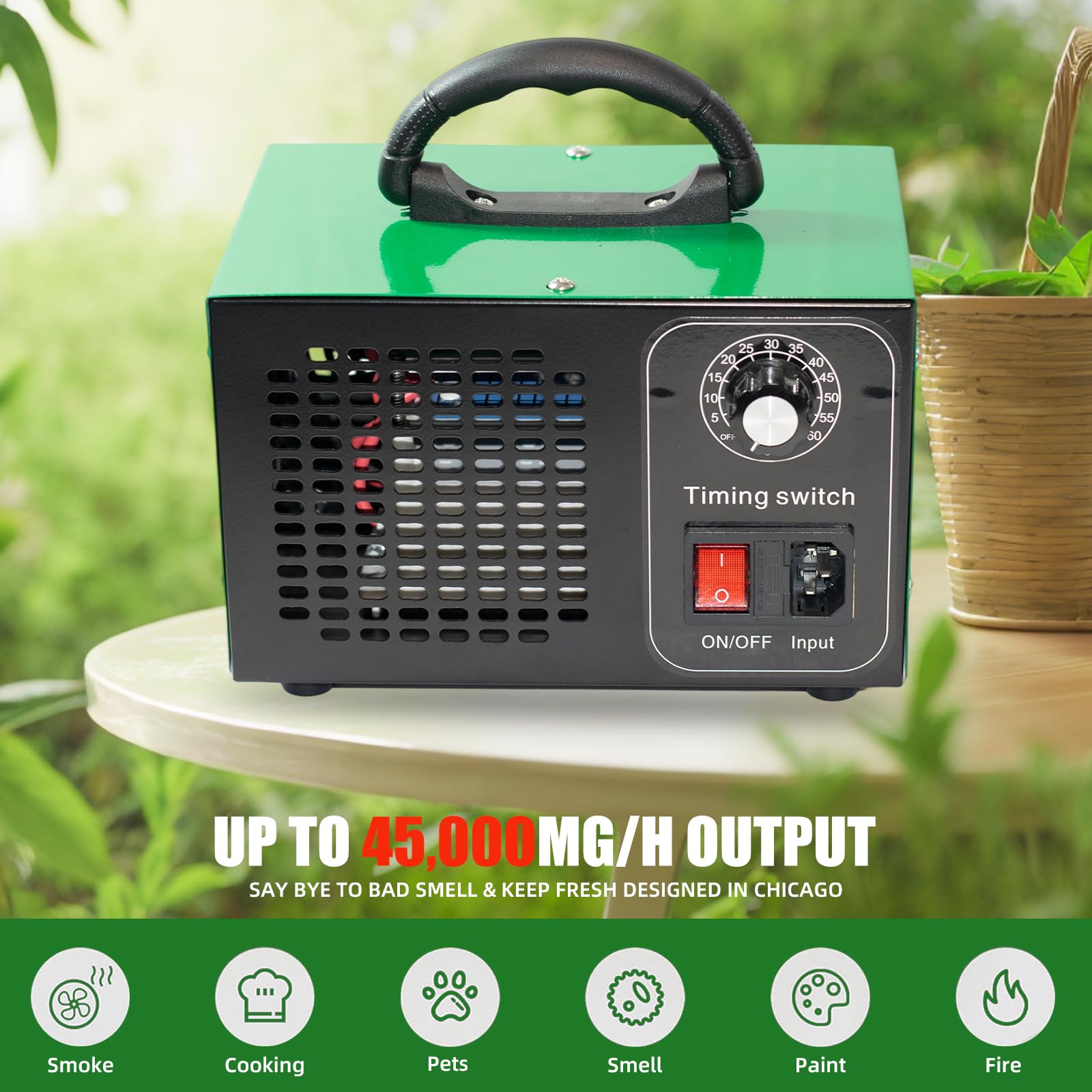 Generatore di ozono, purificatori d'aria O3, eliminatore di odori, macchina per ozono ad alta capacità, purificatore d'aria ionizzatore ozono per casa, commerciale, industriale (verde, 60000 mg/h)