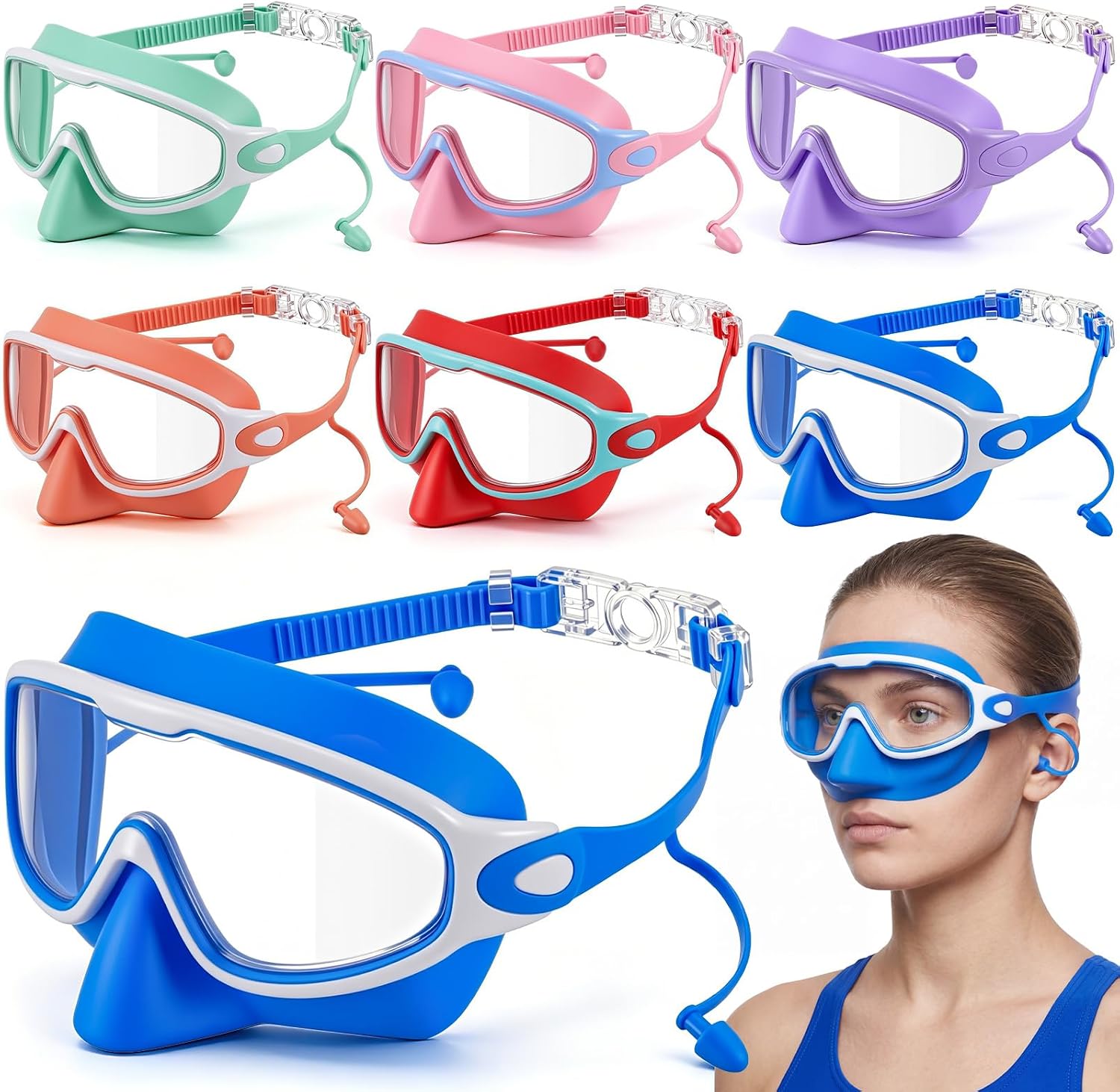 Kanayu 6 Pack Swim Goggles with Nose Cover Earplug for Adult Wide View Anti Fog UV Swim Goggle No Leaking Diving Mask for Men