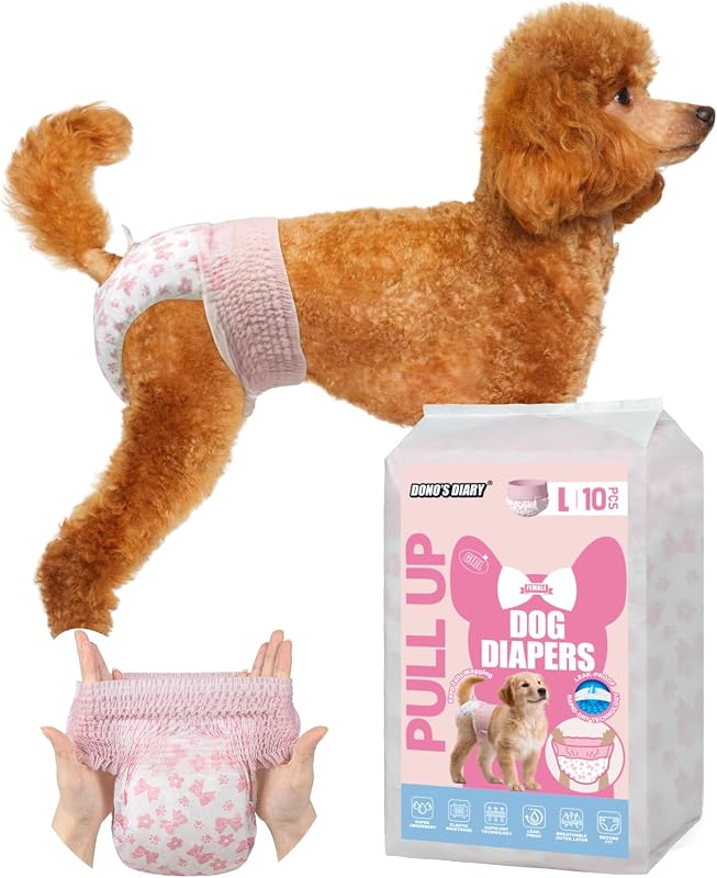 Dono Disposable Pull It Up Female Dog Diapers, 360° Stretchy Waist Puppy Diapers, Super-Absorbent Doggie Diapers with Rapid-Dry Technology Leak-Proof Design for Doggy in Heat Period, L 10 Pcs