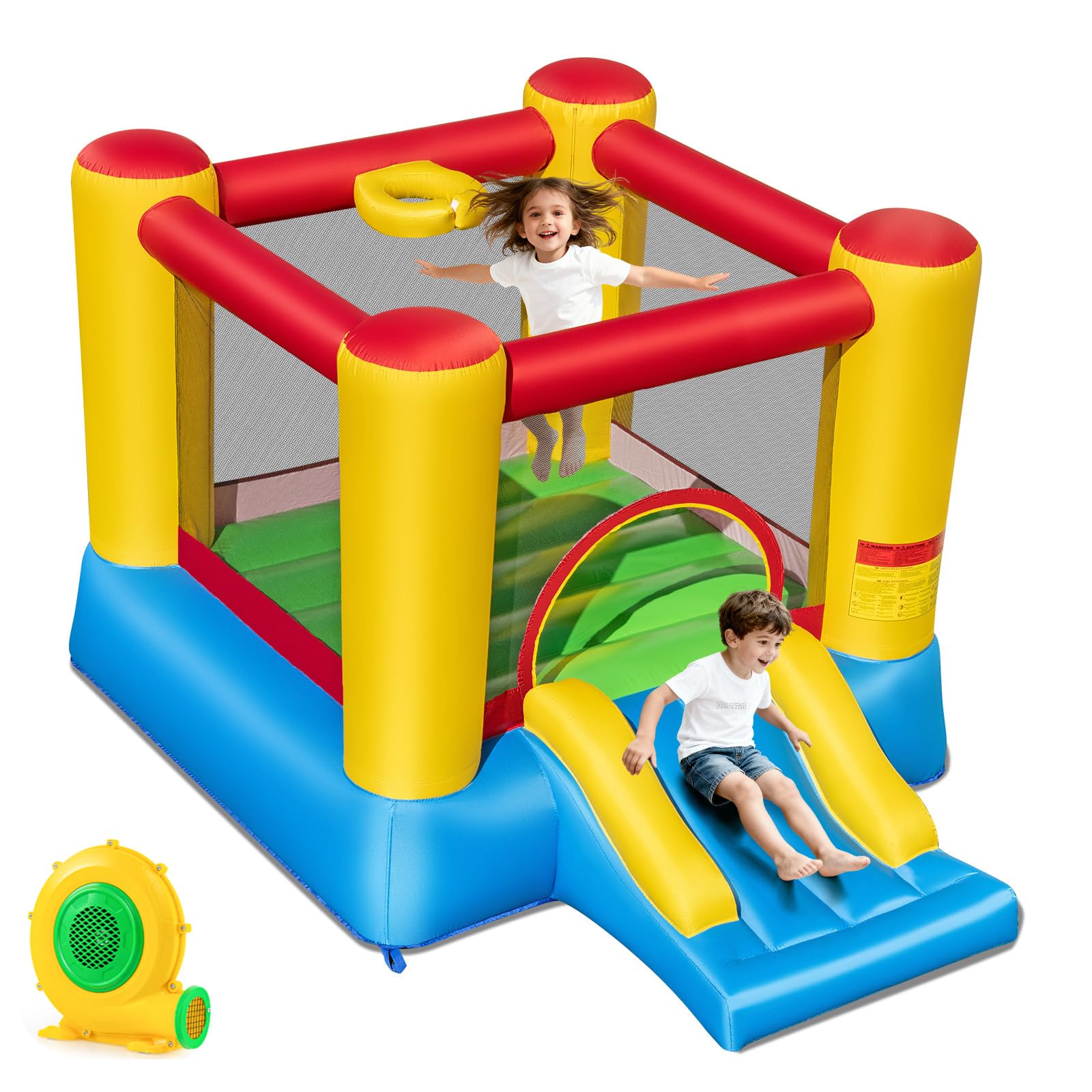 Maxmass Kids Bouncy Castle, Inflatable Bounce House with Slide, Basketball Hoop, Carrying Bag, Repair Kit, Indoor Outdoor Inflatable Trampoline Jumping House Blow up Castle (Basic with Blower)