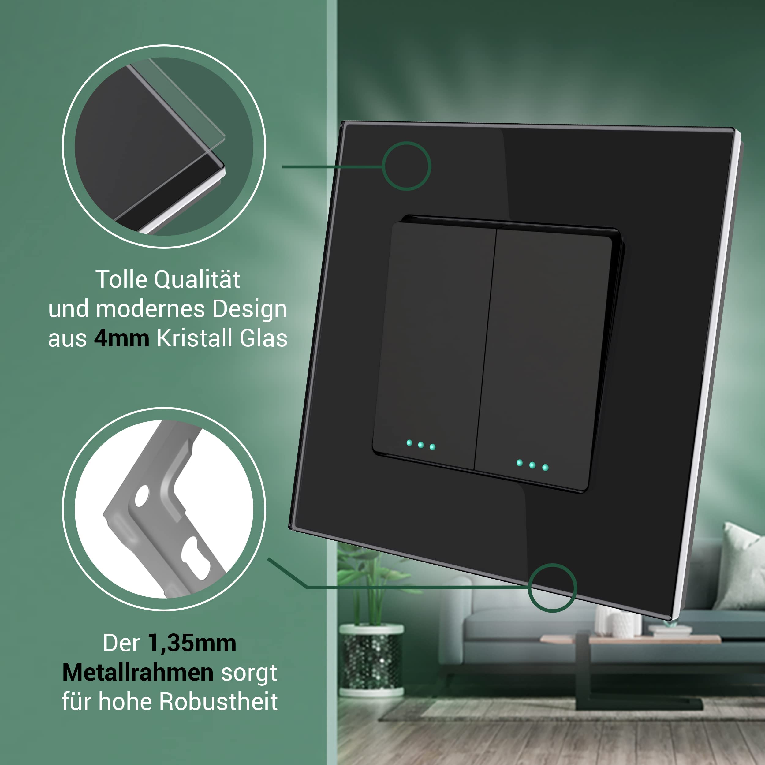 PULSAR Lichtschalter mit Steckdose Unterputz Schwarz Glas, Kombination 2-Fach mit Glasrahmen, Ein-Aus Schalter 1-Weg und Schutzkontakt-Steckdose 16A, 157 x 86mm