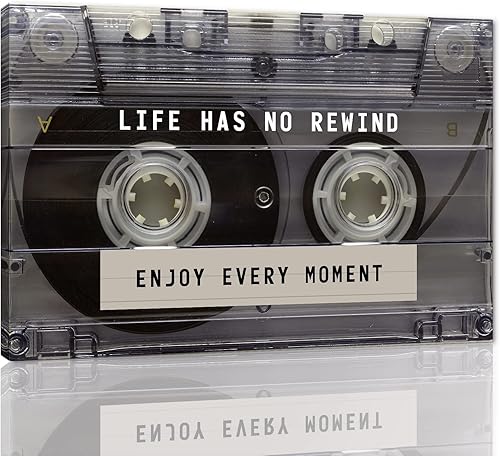 Arte de pared inspirador  Cinta de casete retro impresa en lienzo con texto en inglés Life Has No Rewind Enjoy Every Moment Positive Quotes
