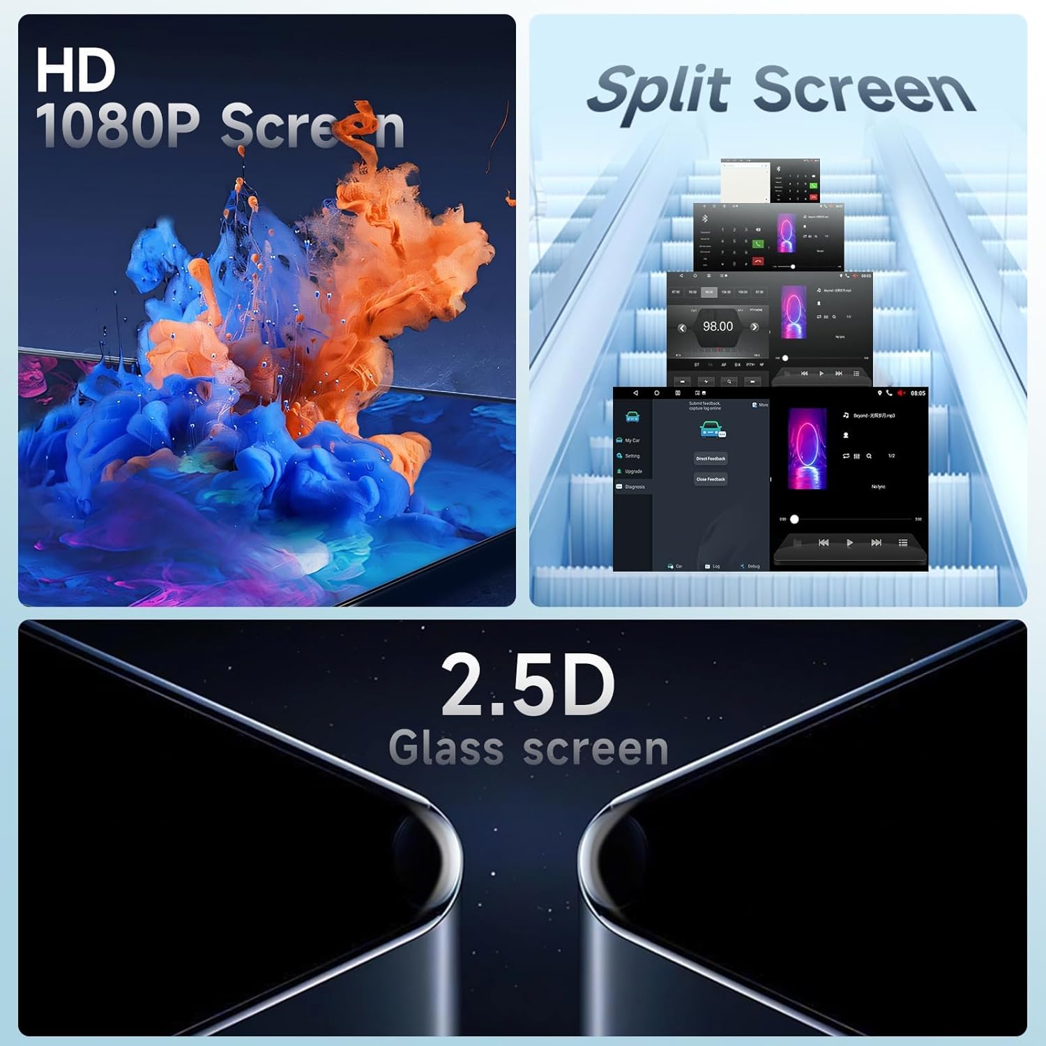 Close-up of the 9-inch HD 1080P screen with vibrant colors, and a diagram illustrating the split-screen functionality, along with a detail of the 2.5D glass screen.