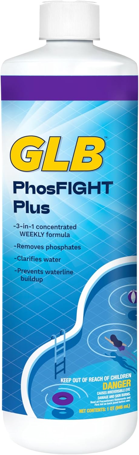 GLB PhosFIGHT Plus 32 FL OZ (71271) Pool Maintenance Phosphate Control with My Garden Pool Measuring Cup & Test Strips, 12-Pack