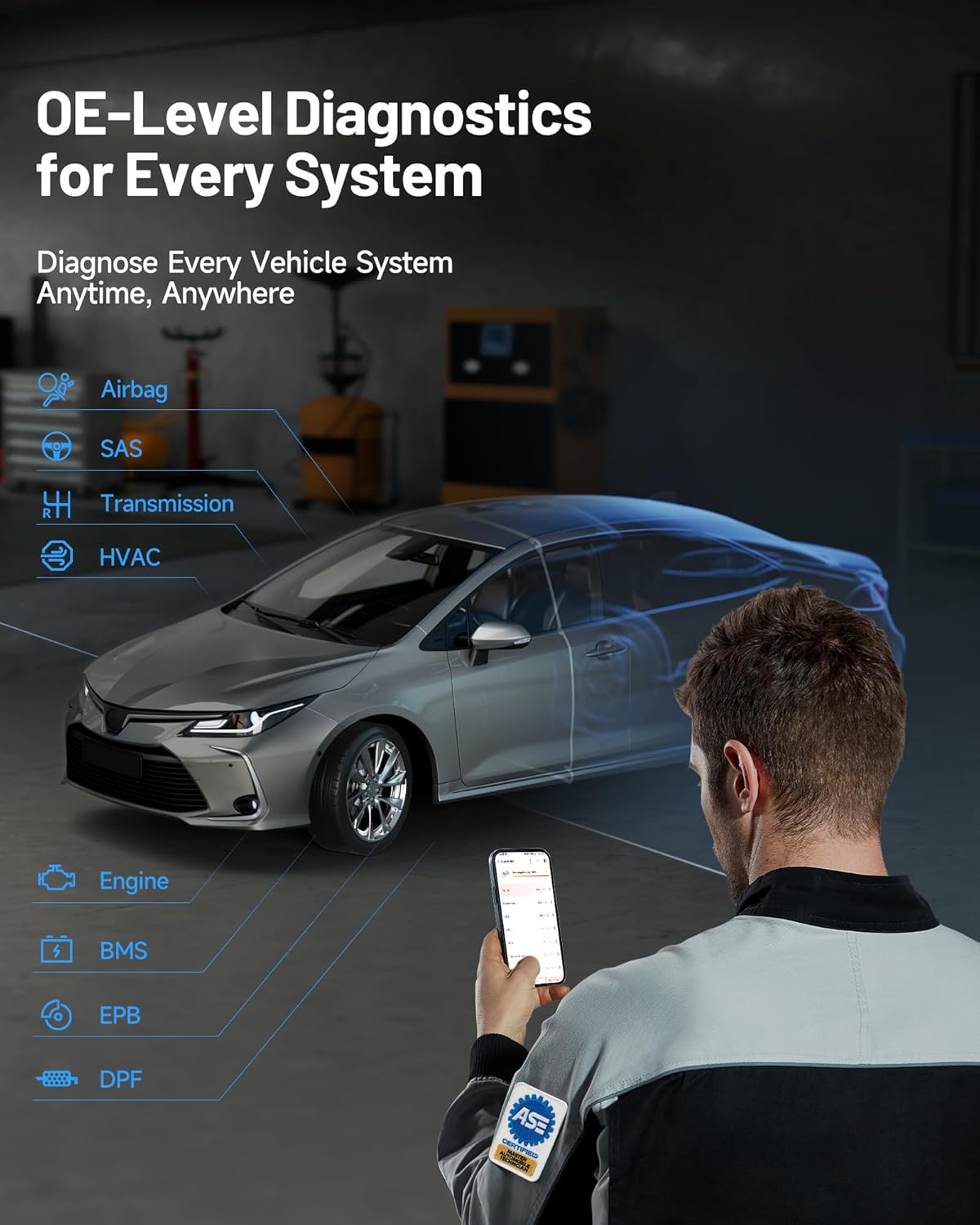 Mechanic using TOPDON Topscan Master for OE-level diagnostics on a car