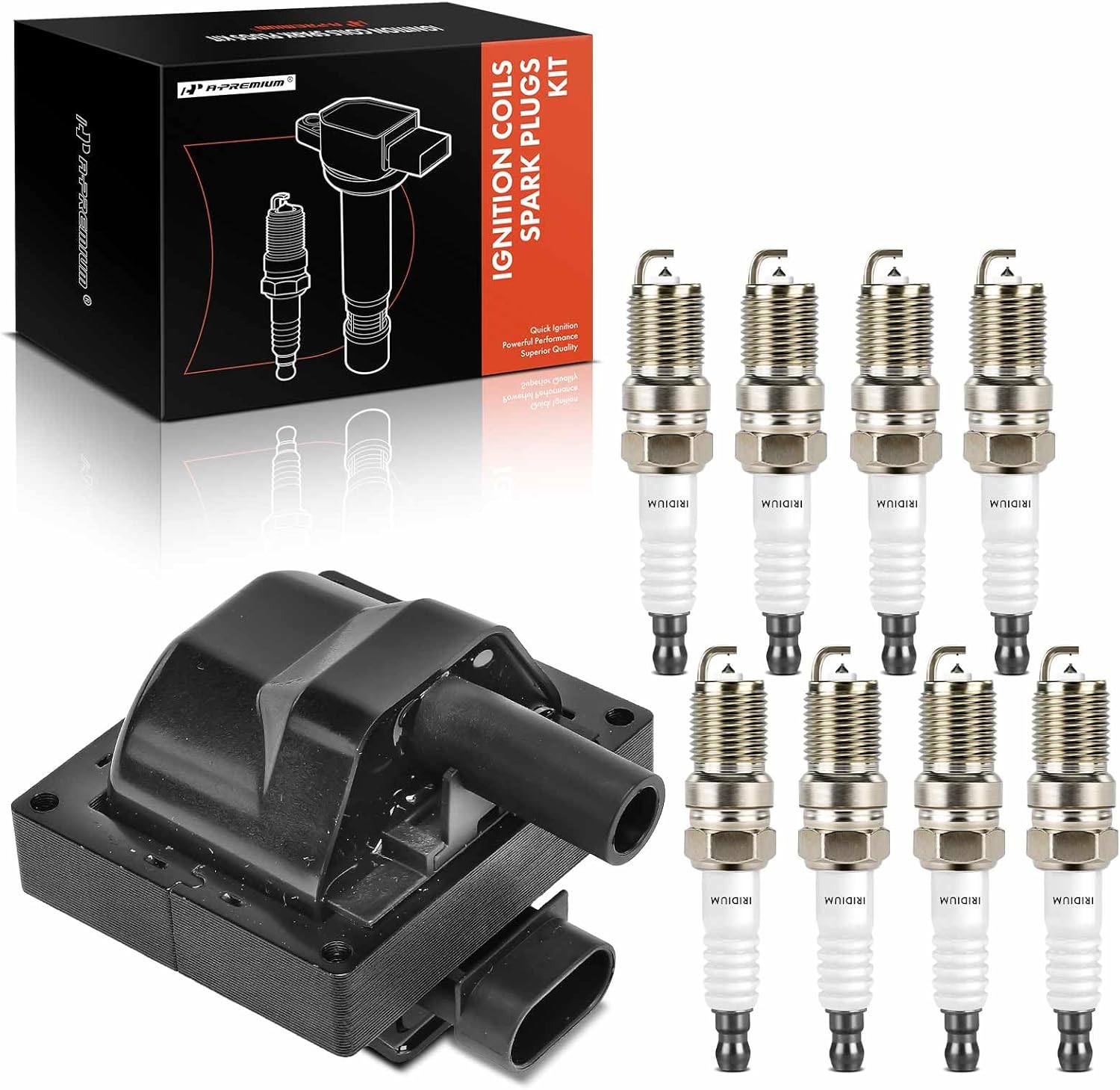 A-Premium 1x Ignition Coil Pack and 8x Iridium Spark Plugs Compatible with Chevrolet Impala, Tahoe, Camaro, Express, Corvette, P30 & GMC Yukon & Cadillac Escalade & Buick Roadmaster & Pontiac Firebird