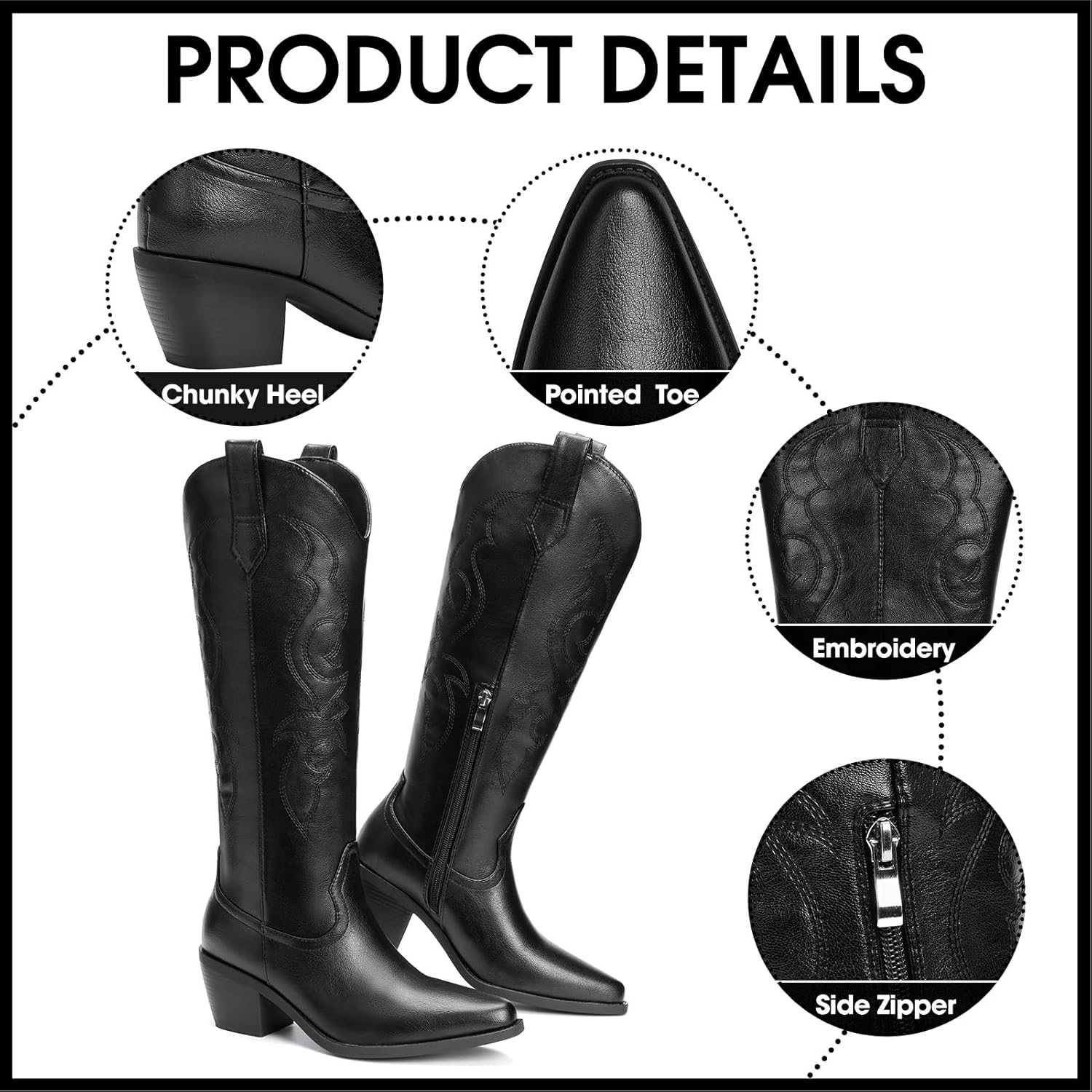 Black Cowboy Boots for Women - Embroidered Western Cowgirl Boots, Wide Calf Knee High Tall Footwear, Almond Pointed Toe Chunky Heel Pull On Zipper Retro Country Style US 8.5 - Image 4