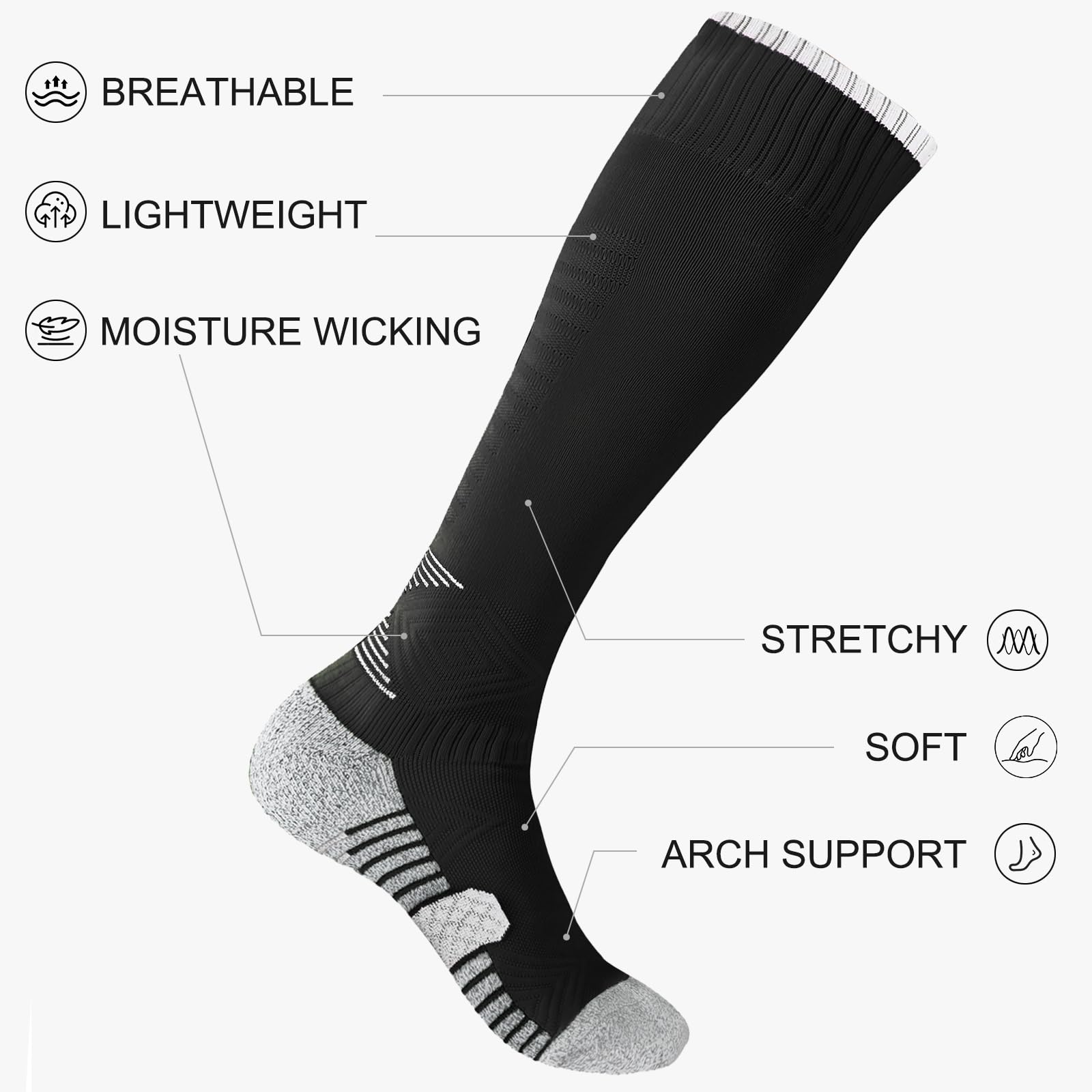 YAGAXI Men's Baseball Soccer Softball Knee-High Socks - 2 Pairs Compression Multi-sport Tube Athletic Socks for Youth & Adult (Large,Black)