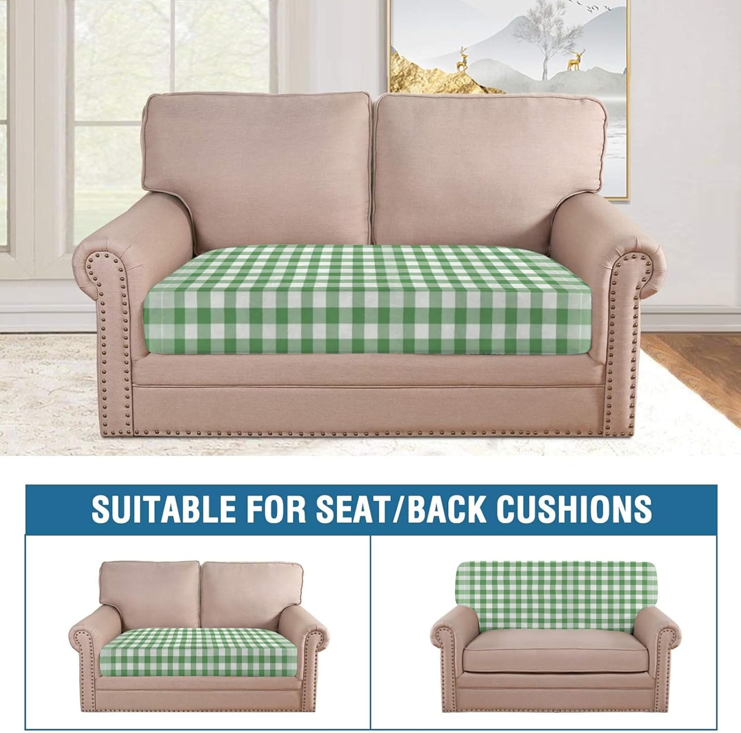 Soft Green White Gingham Loveseat Covers Couch Covers for 2 Cushion Couch, 2-Piece Stretch Sofa Slipcovers Anti-Slip Washable Furniture Protectors for Dogs Pets