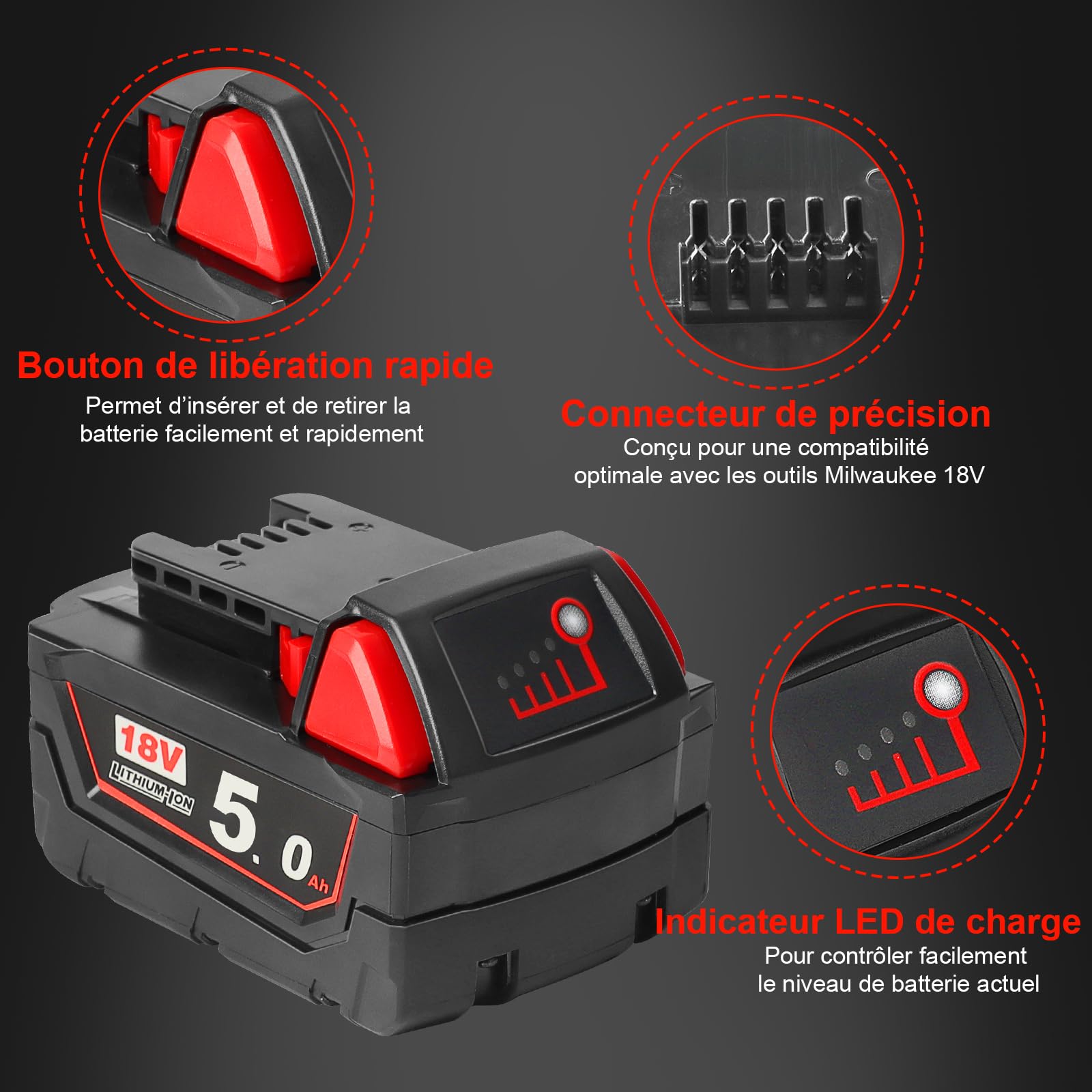 Waitley M18B5 5,0 Ah Batterie pour Milwaukee M18 48-11-1850 48-11-1852 48-11-1820 48-11-1828 48-11-10