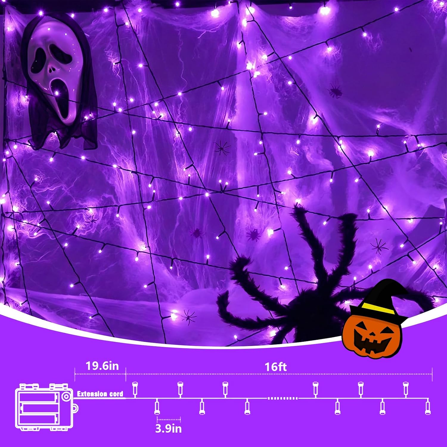 QITONG Halloween String Lights Battery Operated, 4 Pack each16ft 50 LED Purple led Lights, 8 Modes Twinkle Lights with Green Wire Outdoor Indoor