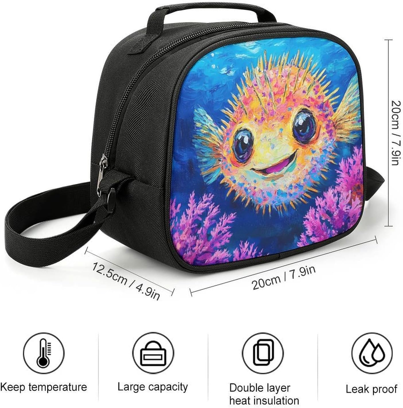 Funny Puffer Fish Insulated Lunch Bags with Crossbody Strap image 2