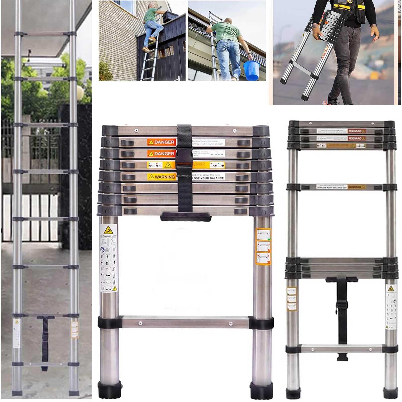 HSHa Telescopic Ladder, 2.6M Stainless Steel, 9 Steps, 150kg Capacity, EN131 Certified