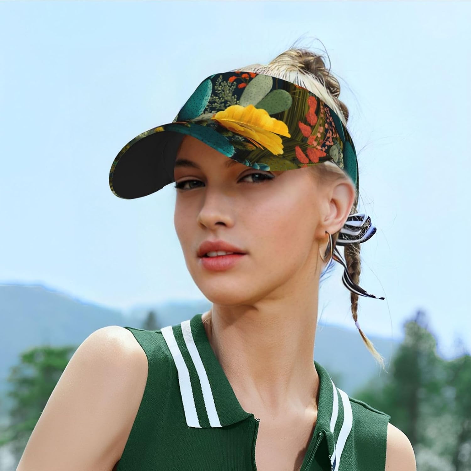 (Cactus Print) Adult Sun Visor Hat Adjustable Open Top Sports Cap Breathable for Men Women Beach Vacation Essentials Black