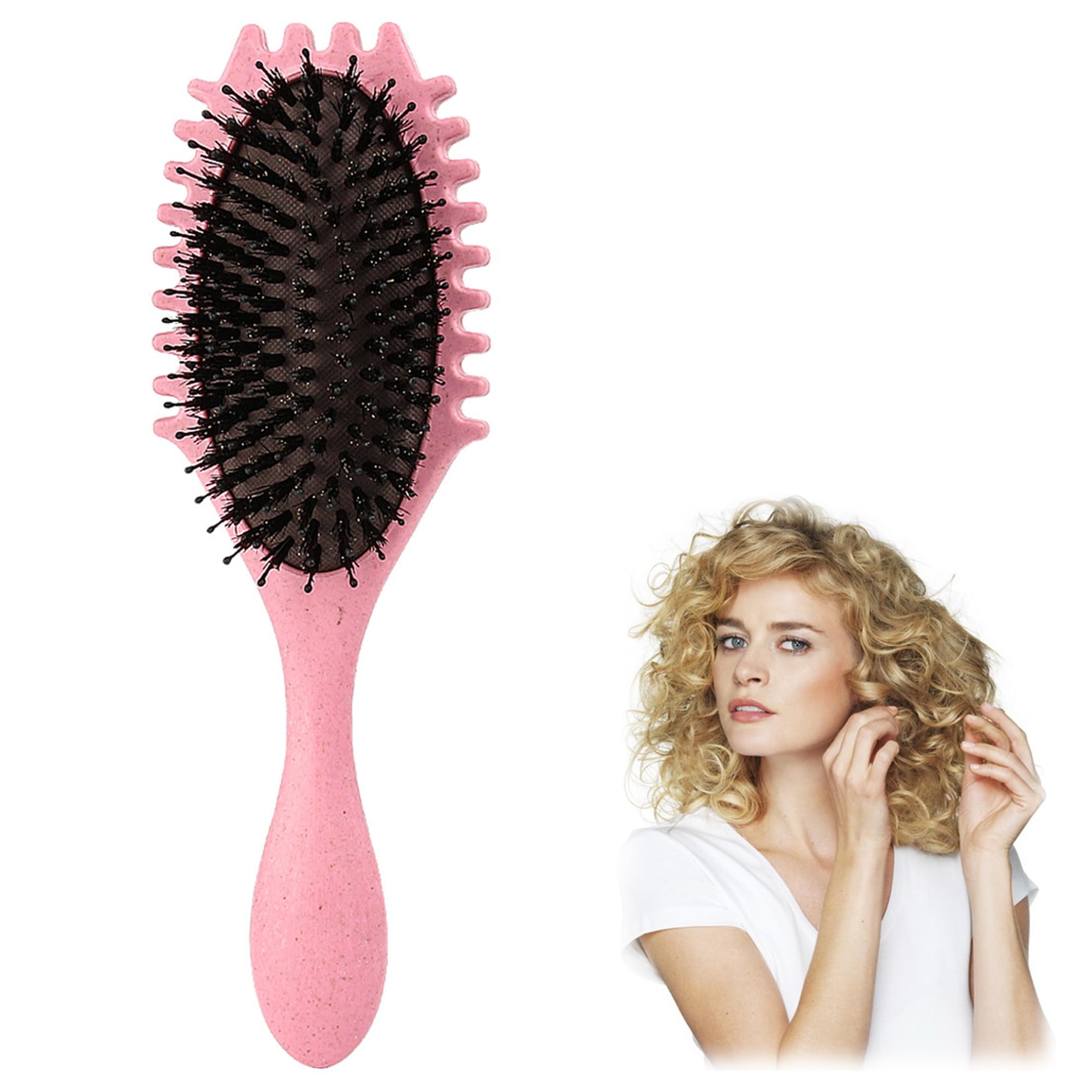 Bounce Curl Brush, Bounce Curl Define Styling Brush, Cepillo de definición de rizos y cepillo de pelo rizado, Cepillo de Pelo de Cerdas de Jabalí, para desenredar,dar forma y definir rizos (rosa)