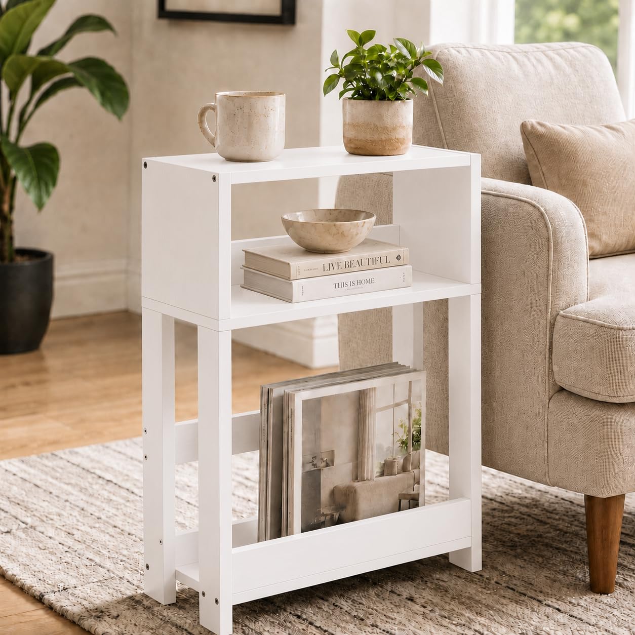 ZEXVIDA Narrow Side Table with Storage Shelf, 3-Tier Slim End Table & Nightstand for Bedroom, Living Room, Sofa Side Table for Small Spaces (White)