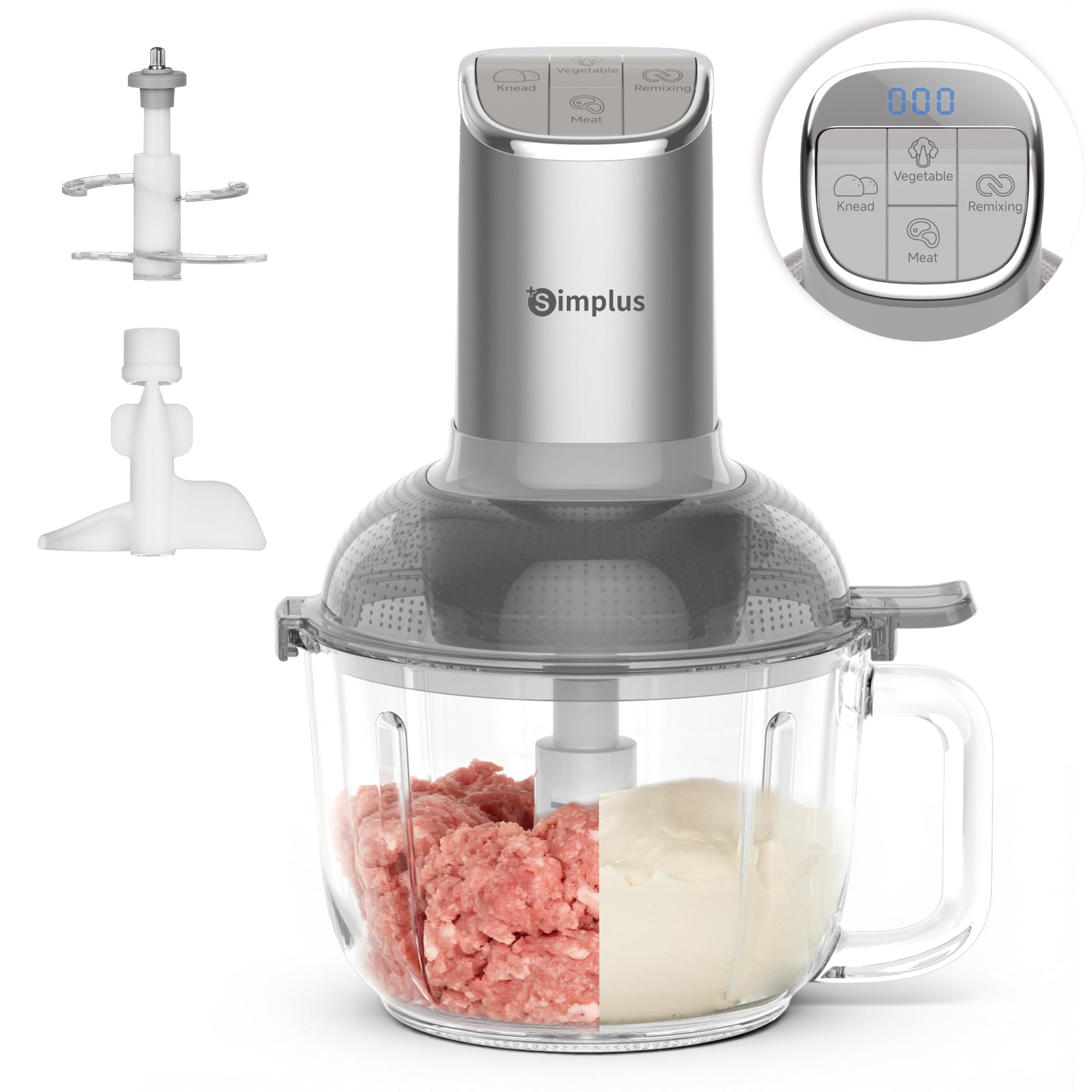 SIMPLUS Universalzerkleinerer mit Teigknetfunktion, 300W Elektrisch, 2.5L Glasbehälter, Multifunktion Küchenmaschine mit 4 Edelstahlklingen für Fleisch, Gemüse, Nüsse, Babybrei