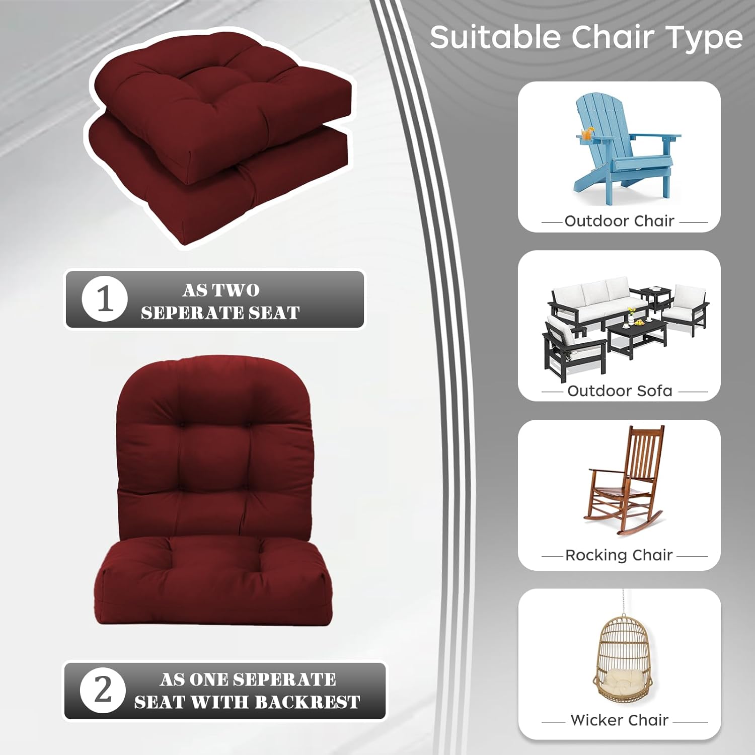 Patio Outdoor Chair Cushions Set of 2 Waterproof 19.5" x 19.5" x5" Outdoor Chair Wicker Cushion with Thick PP Cotton Resistant Patio Furniture Pads for Indoor and Outdoor Wicker Furniture Seat, Red