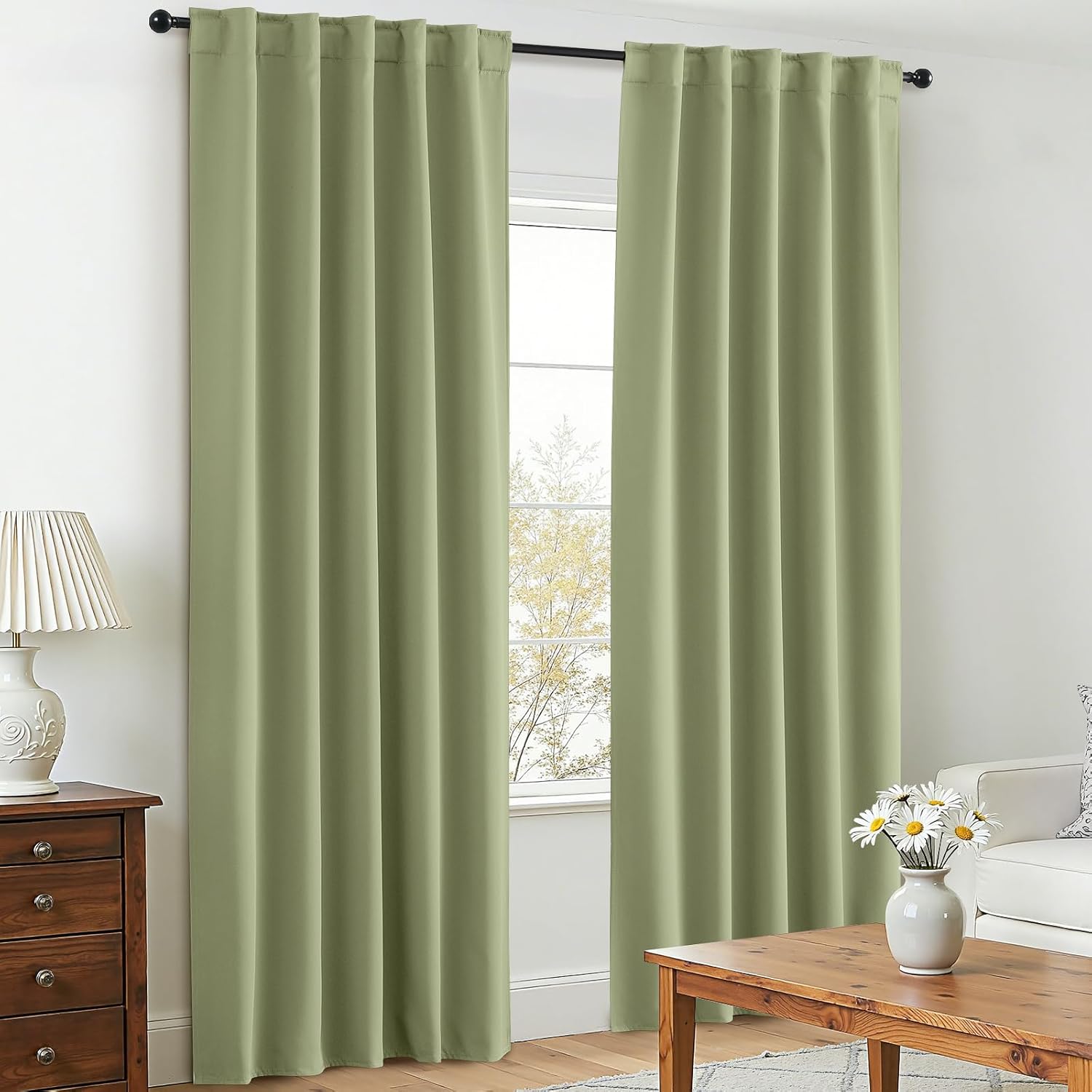 SimpleHome 100% Blackout Curtains for Bedroom,63 Inch Curtains for Living Room Rod Pocket and Back Tab Window Drapes Room Darkening Light Sage Curtain with Black Back,52 x 63 Inch,2 Panels