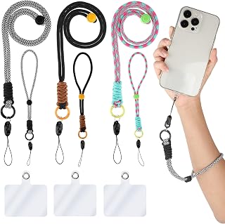 Amaxiu 3 Sets of Universal Phone Lanyard, Cell Phone Crossbody Lanyards, Hand Adjustable Wrist Straps, Transparent PVC Tether Patches Compatible with Phone, Camera, Key, ID Name Badge Cards, Wallet