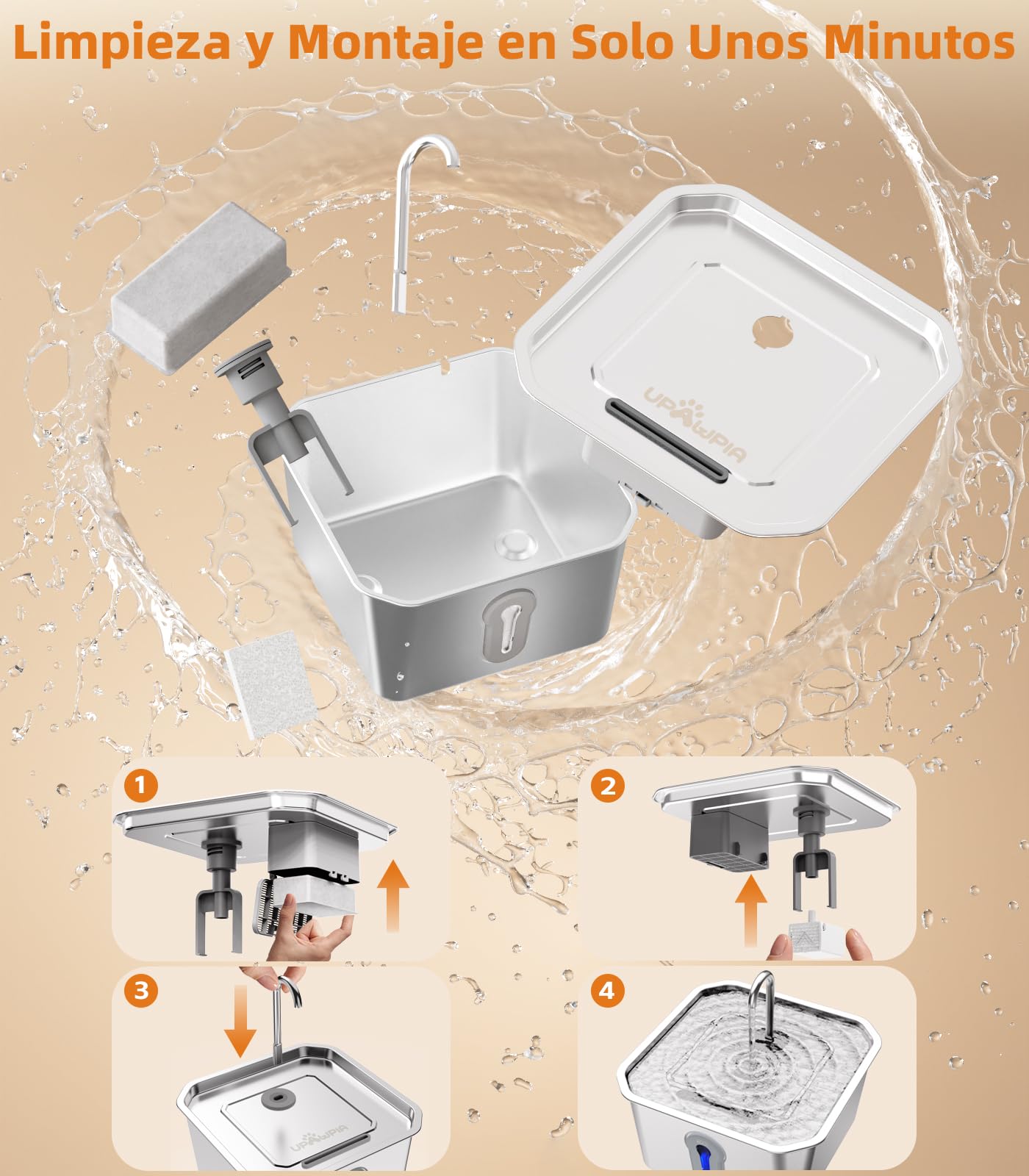 4L Fuente para Gatos Acero Inoxidable Fuente de con 3 filtros Agua Automática para Mascotas para Gatos/Perros Metálica Ultra Silenciosa para Beber Suministros para El Riego de Gatitos