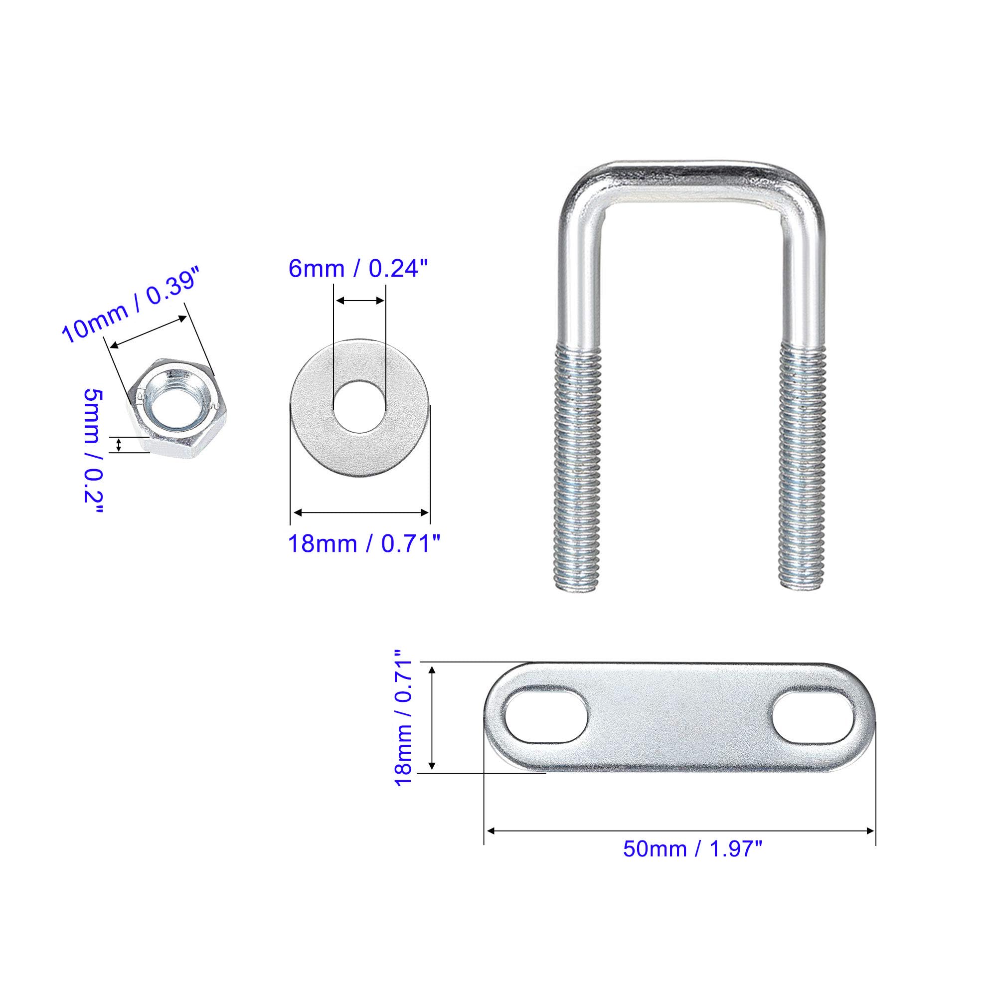 MACHSWON Square U-Bolt,4 Set Carton Steel M6 U Bolts 20mm(3/4") Inner Width 50mm Length with Nuts and Frame Plate for Automobiles Boat Trailer - Image 3