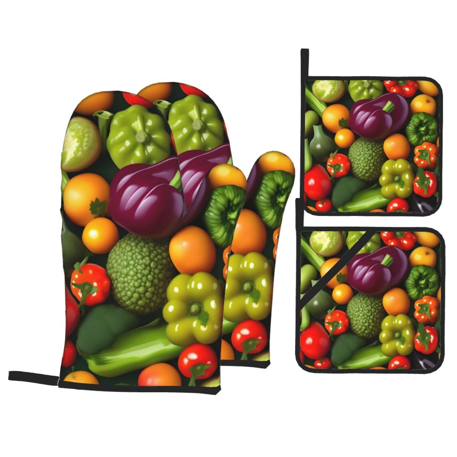 Nimongt Black Vegetable Fruit Print Heat-Resistant 4-Piece Oven Kitchen Gloves For Baking Cooking Microwaving Essentials