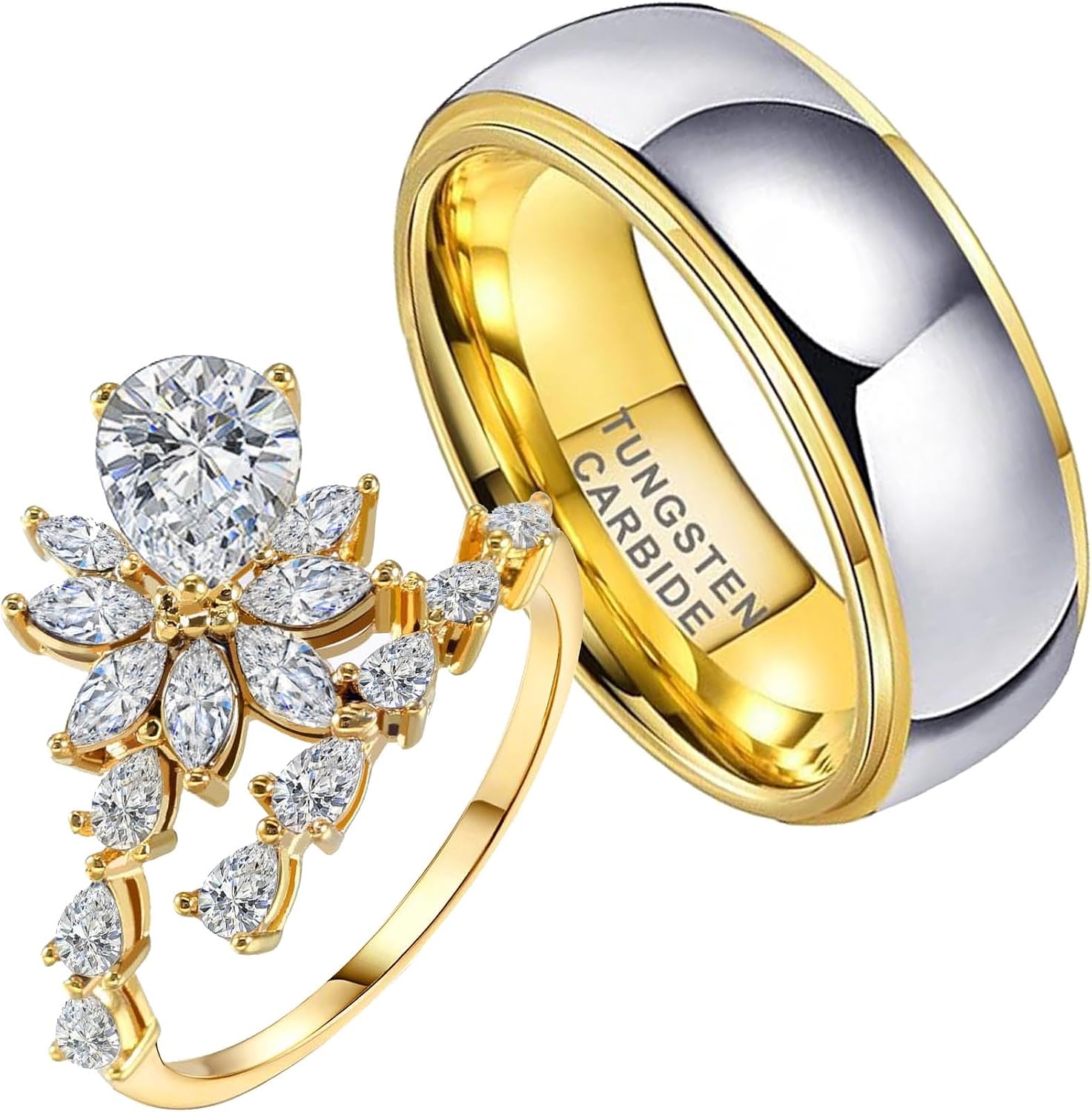 3CT Pear CZ Wedding Ring for Women & Men Yellow Gold Plated Bridal Couple Rings Tungsten Ring Wedding Band