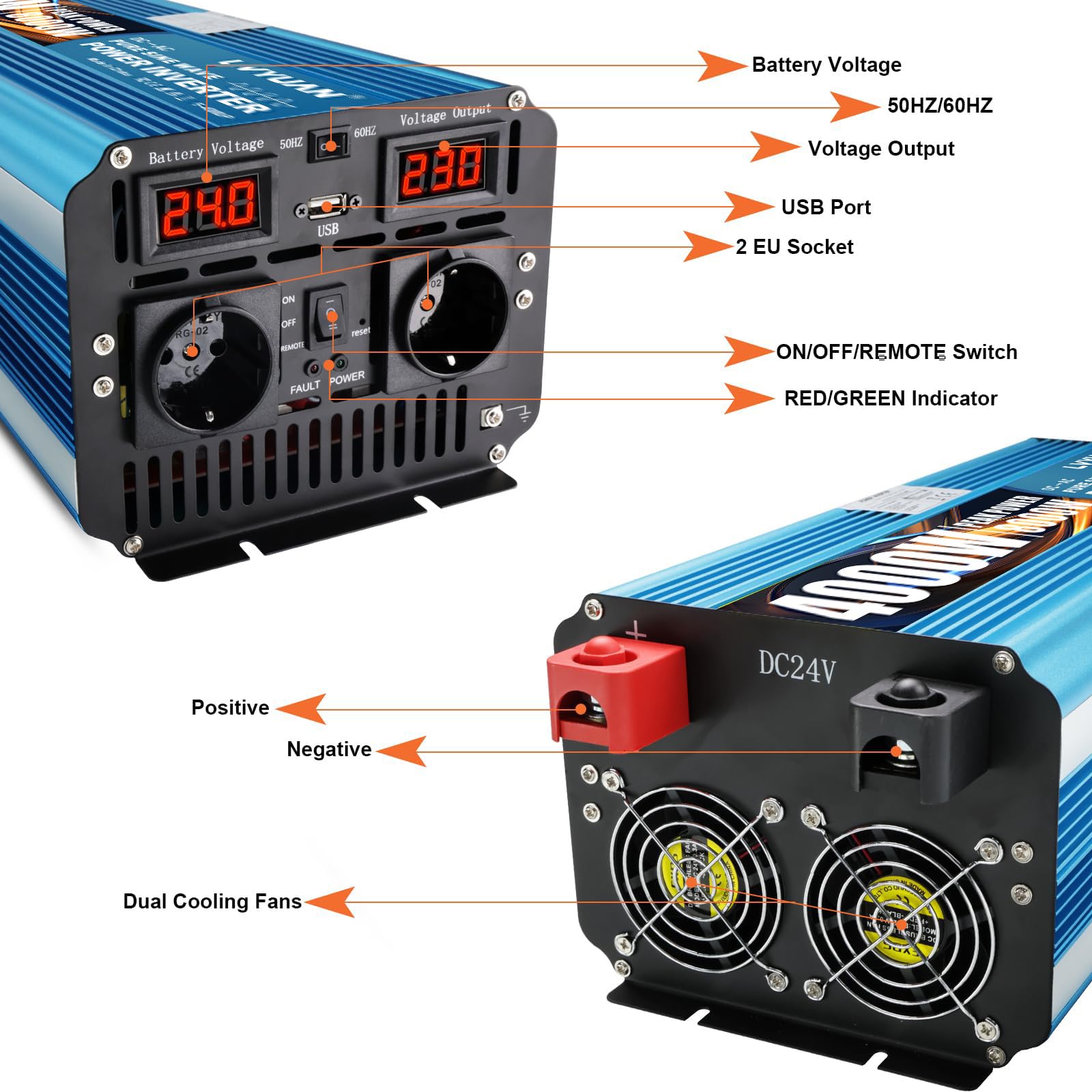 LVYUAN Convertidor 24 V 220 V 4000 W/8000 W Puro sinusal inversor Transformador-2 enchufes EU AC, USB, Mando a Distancia inalámbrico y Pantalla LED para Sistemas solares, Coches, Camping, Viajes