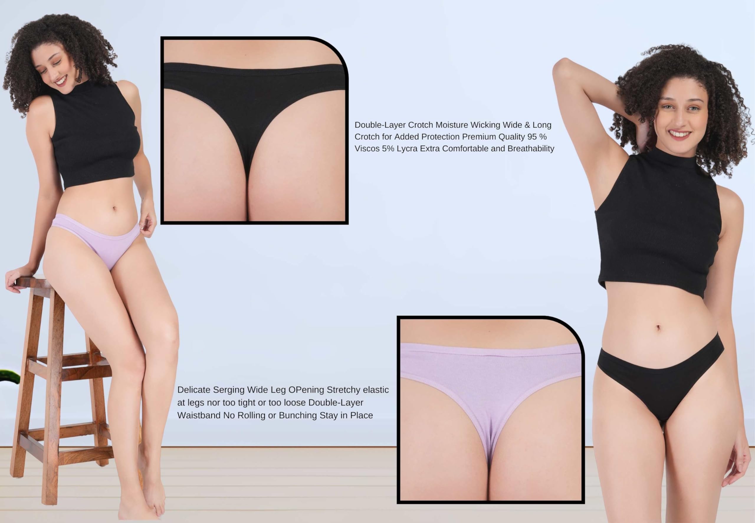 Flosee Women's Viscos Cotton G-Staring Thong Panties, Available in Regular & Plus Size Pack of 2 Black-Purple - Image 2 thumbnail