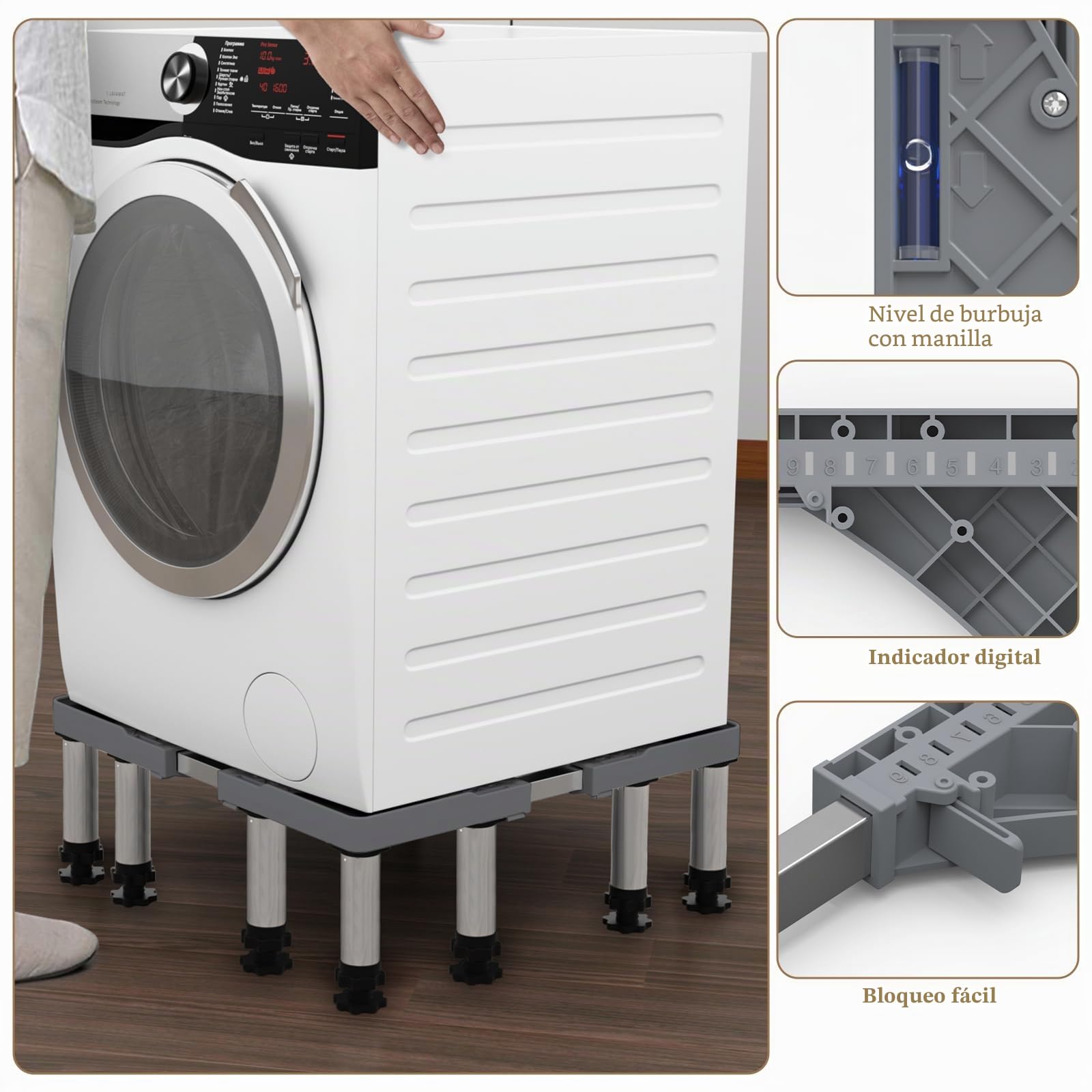 DEWEL Base Lavadora de Acero Inoxidable, Base Elevador Lavadora Estable con 12 Patas de Altura 18-20cm, Soporte Ajustable para Lavadora Secadora Frigorífico de Tamaño de 43.5-63cm, Carga 250kg