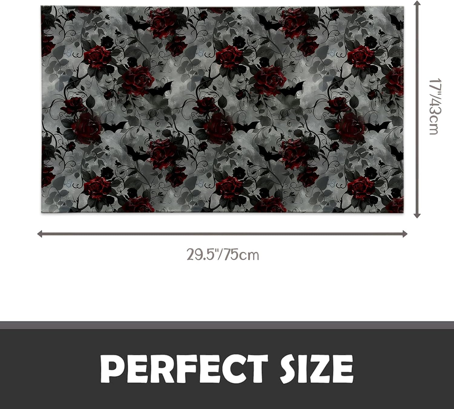 Gothic Rose Indoor Door Mat, 17x29.5 Inch, Floor Area Rug for Entryway, Living Room, or Bathroom, Non-Slip Doormat, Dark Red Roses and Bat Halloween Design Home Decor Rug Gifts
