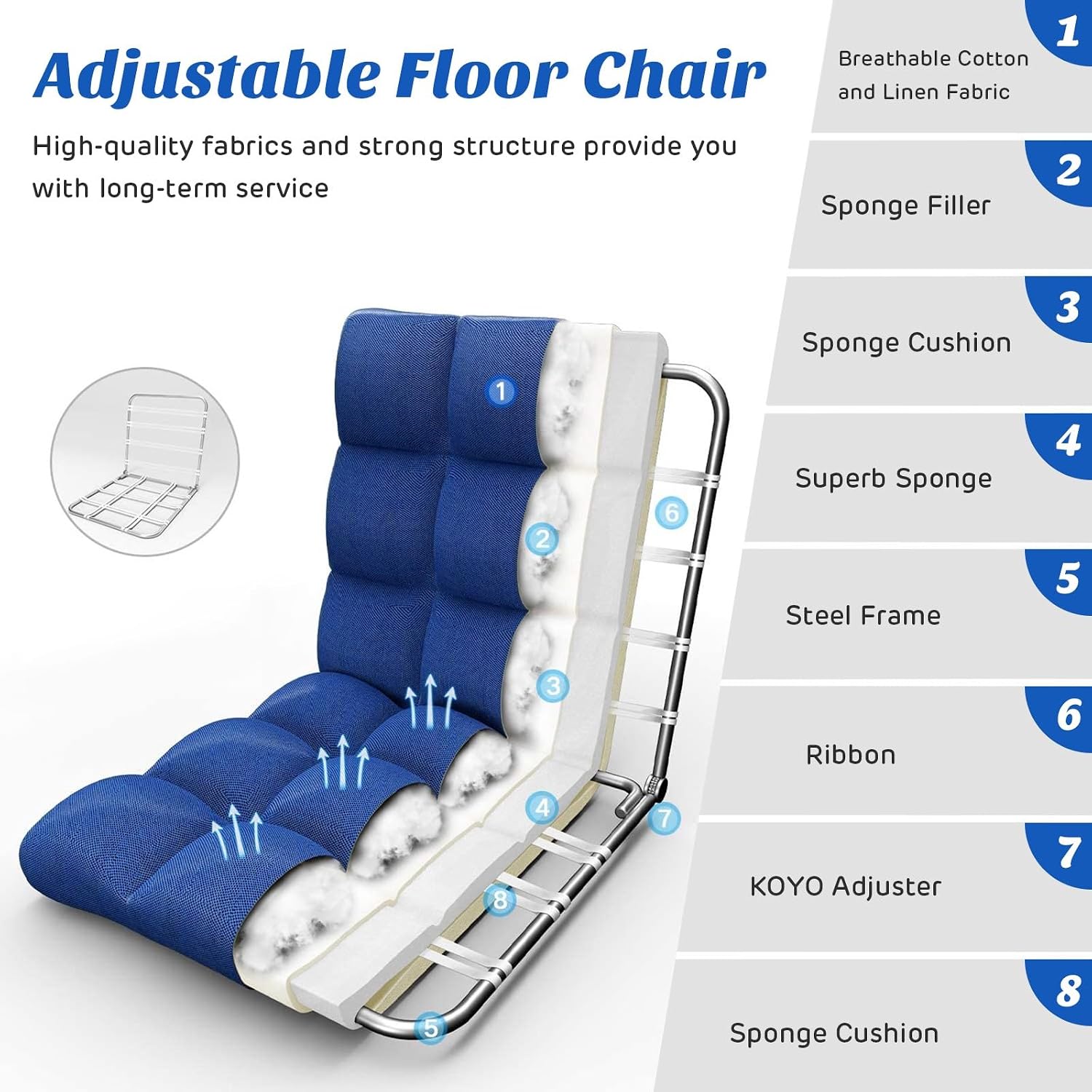 Adjustable 14-Position Floor Chair Folding Lazy Gaming Sofa Lounge Chair Blue