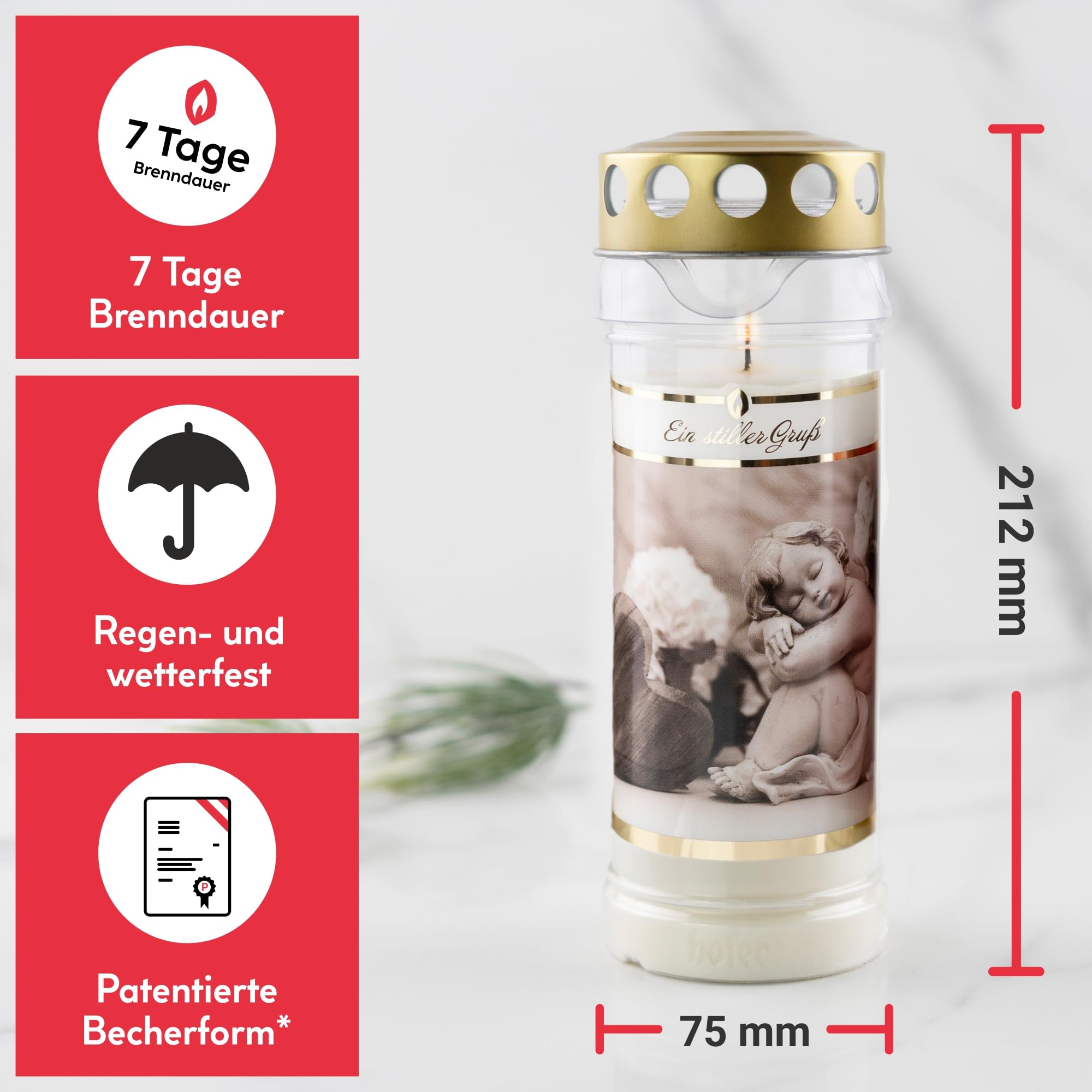 Hofer Lot de 6 bougies funéraires - Durée de combustion de 7 jours - L'original [un salut silencieux] - Résistantes à la pluie - Avec couvercle - Bougie funéraire avec motif et inscription - Bougies