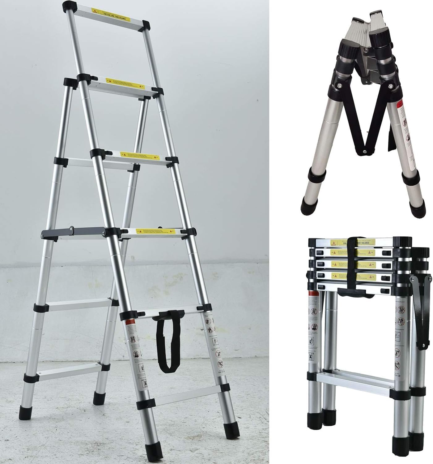Telescoping Ladder,Telescoping Ladder A-Frame Step Ladder 4+5,4.4ft Heavy Duty Portable Aluminum Folding Extension Ladder with Handgrip Wide Step Platform 330lbs Max Load Capacity Safety Loc