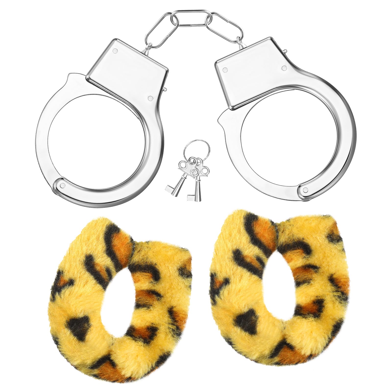 Manette in Metallo con 2 Chiavi Giocattolo di Manette con Peluche e Chiavi Morbide Manette per Cosplay di Polizia per Feste in Costume Accessori per Props Foto (Leopardato, Stile Peluche)