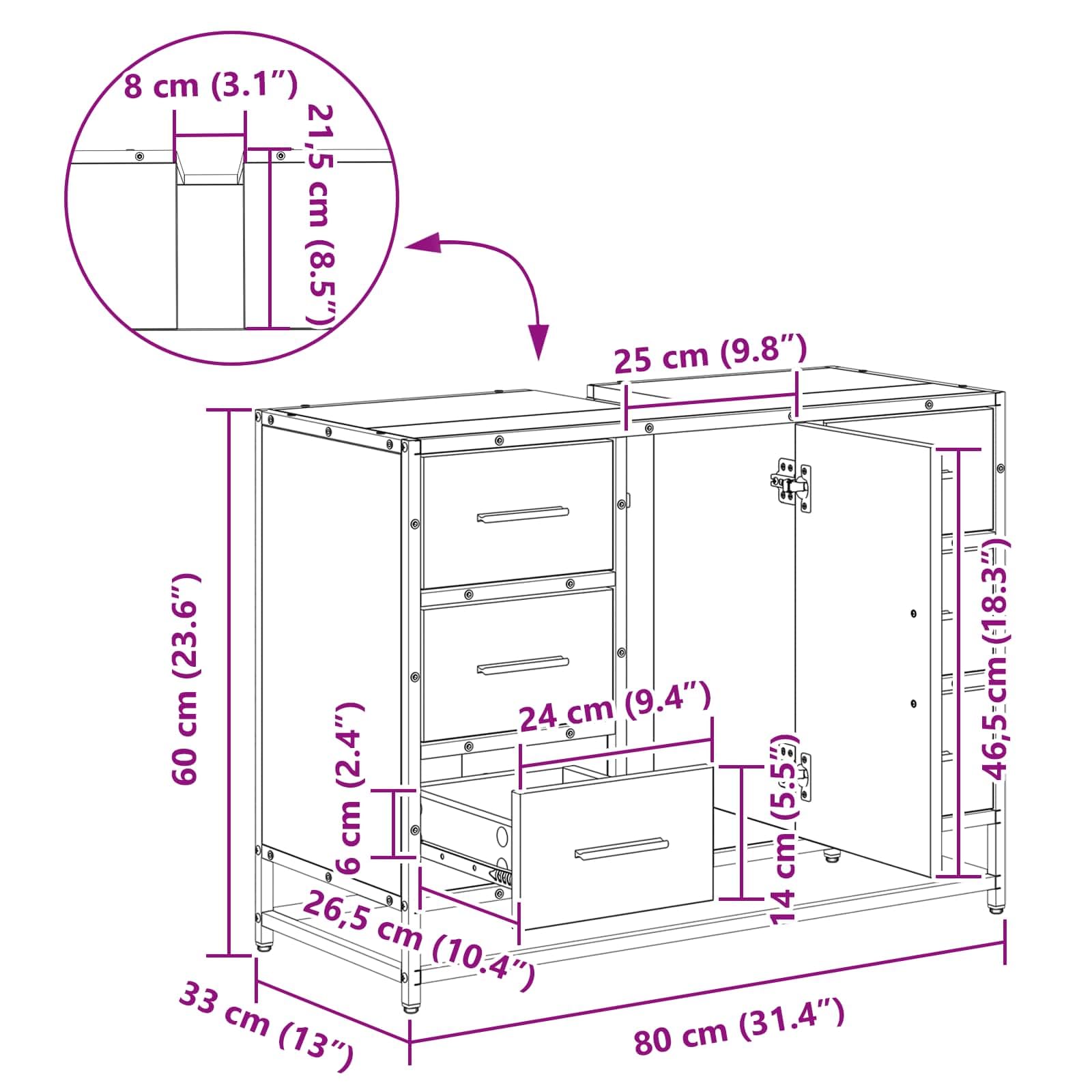 Badezimmerschrank Artisan-Eiche Holzwerkstoff 80 x 33 x 60 cm mit Schublade und Tür, moderner Badmöbel Organizer für Stauraum im Gäste-WC und Wellnessbereich