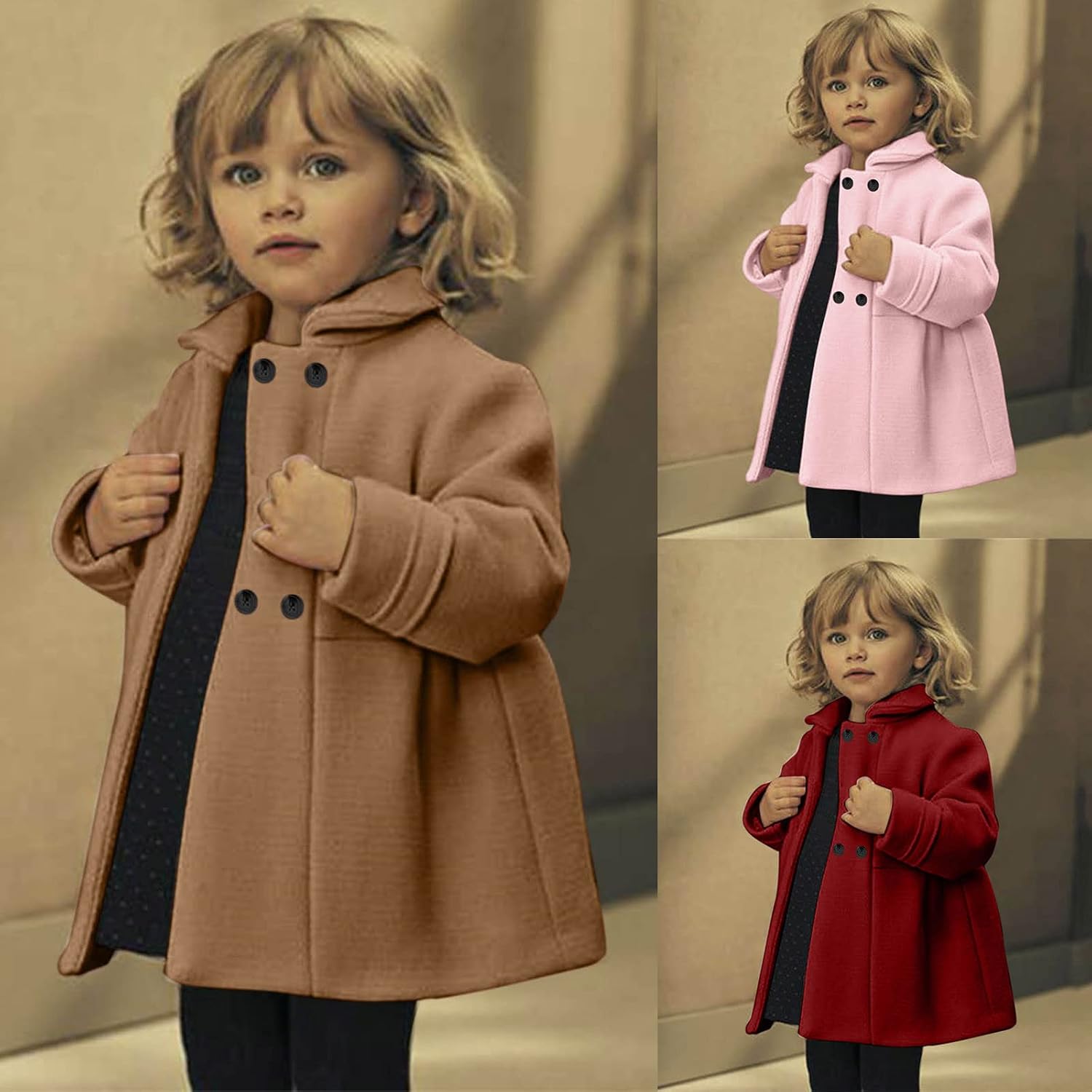 Girls Wool Blend Double Breasted Peacoat Kids Toddler Solid Color Long Sleeve Lapel Dress Coat Kid Jackets for Girls